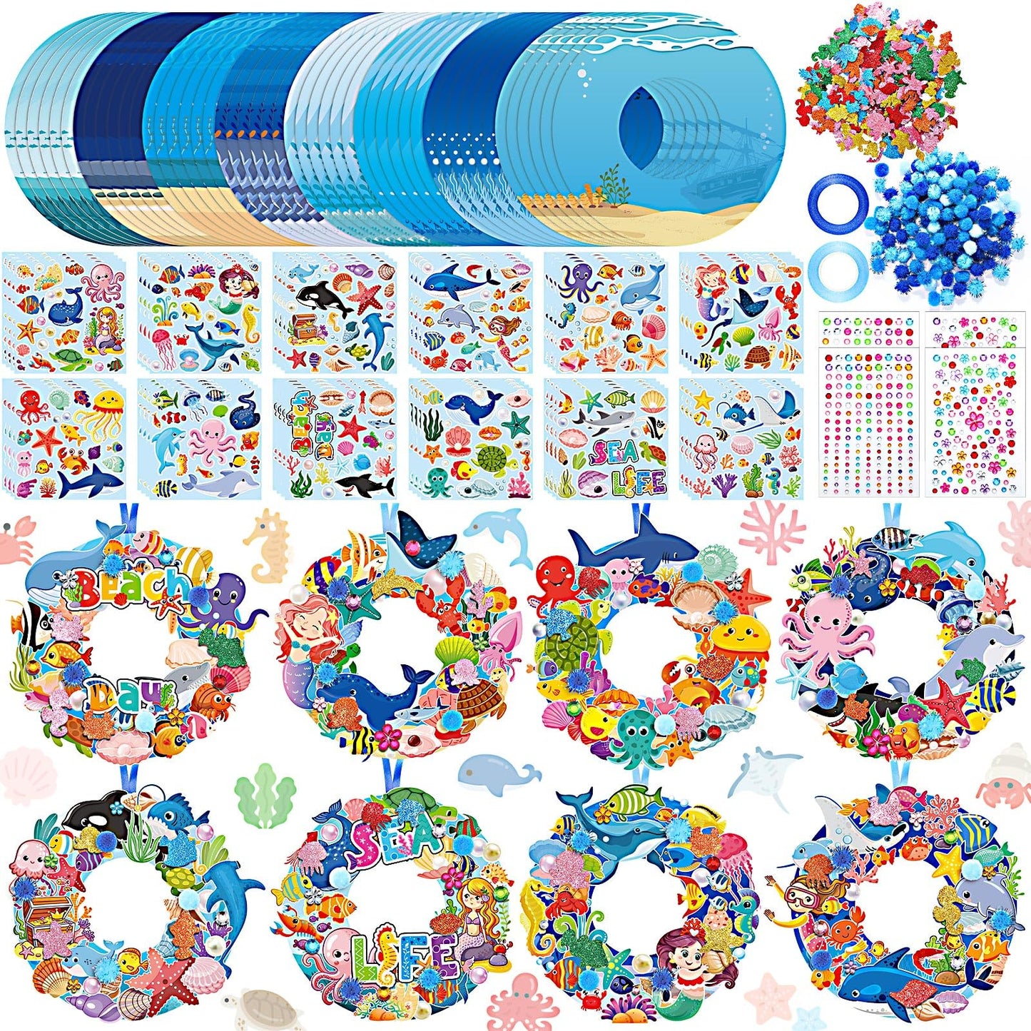 Hollowfly 48 Sets Summer Ocean Wreath Craft Kits DIY Under The Sea Wreath Hanging Ornaments Ocean Make Your Own Paper Craft with Stickers for Home Summer Sea Beach Party Favors Activities