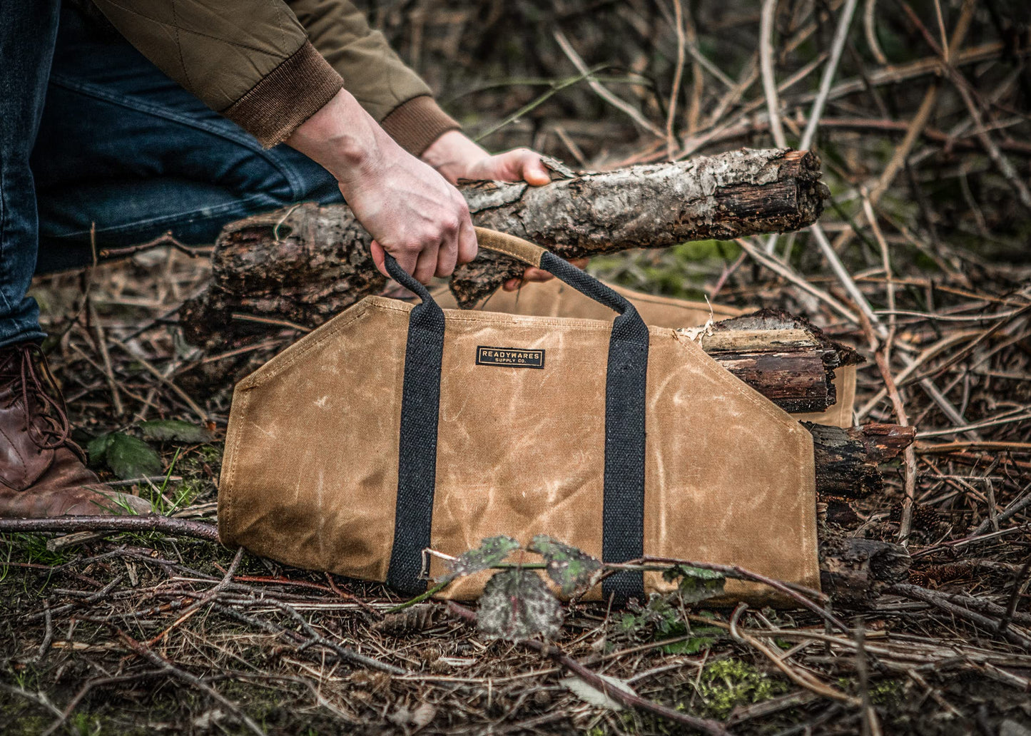 Readywares Waxed Canvas Firewood Carrier, Heavy Duty Log Carrier for Firewood, Wood Carrier for Firewood, Firewood Bag, Great Gift for Cabin, Firewood Carrier with Handles, Classic Durable Design Tan