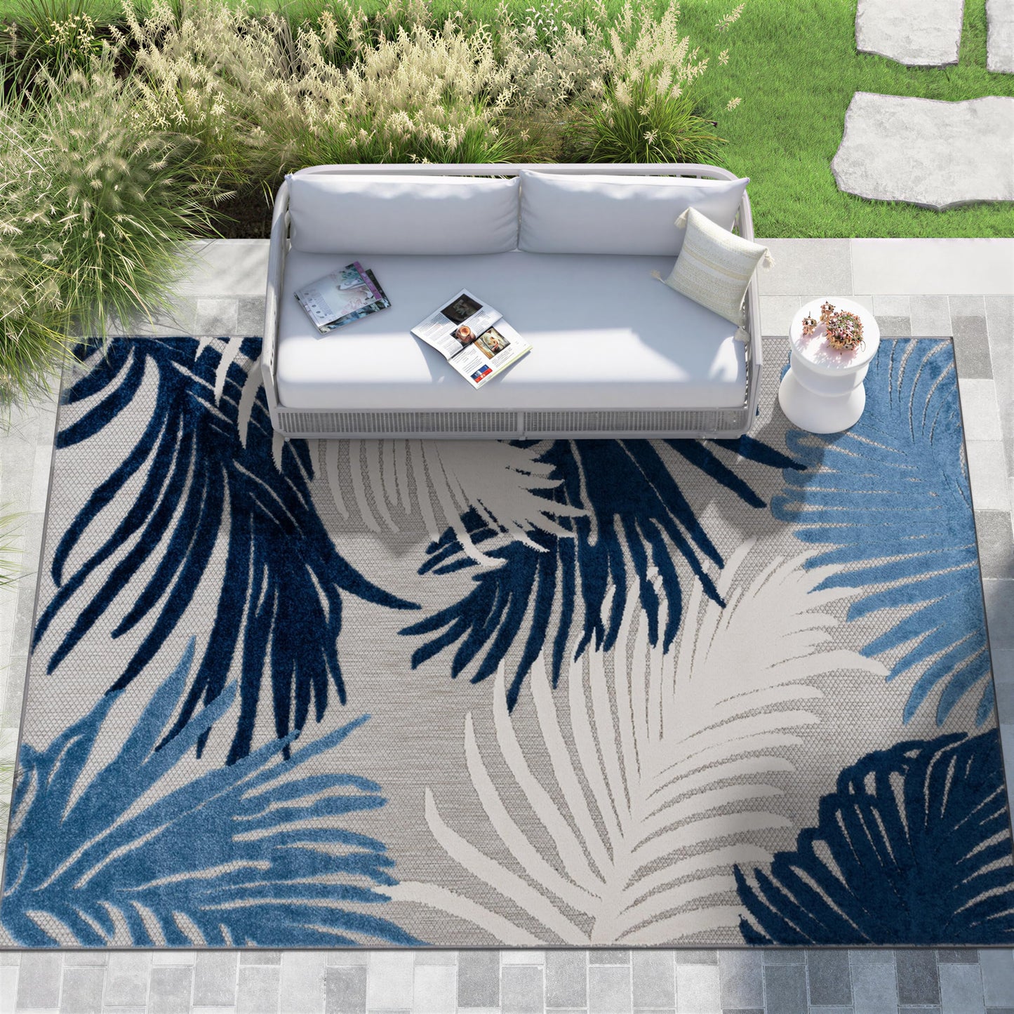 Rugshop Navy Lucca Contemporary Floral Indoor/Outdoor Area Rug Durable Polypropylene, Weather Resistant, Easy to Clean Perfect for Patio, Backyard, Deck and Outdoor Lounge 7'10" x 10'