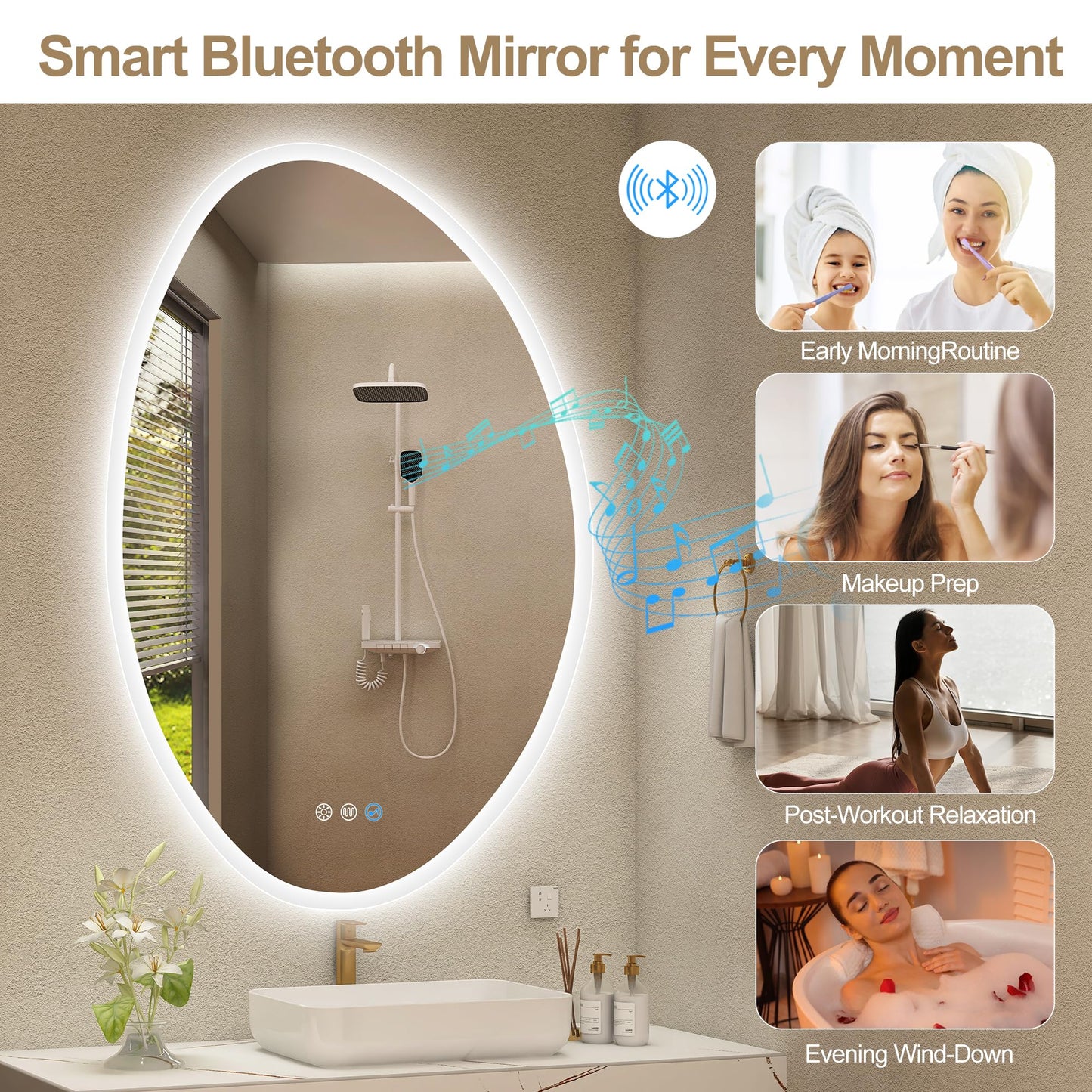 S·BAGNO 36’’×24’’ Led Bathroom Mirror with Lights, Backlit and Front Lighted, Anti-Fog Wall-Mounted Vanity Mirror 3000K/4000K/6500K, Dimmable Inside Bluetooth Speaker Smart Mirror