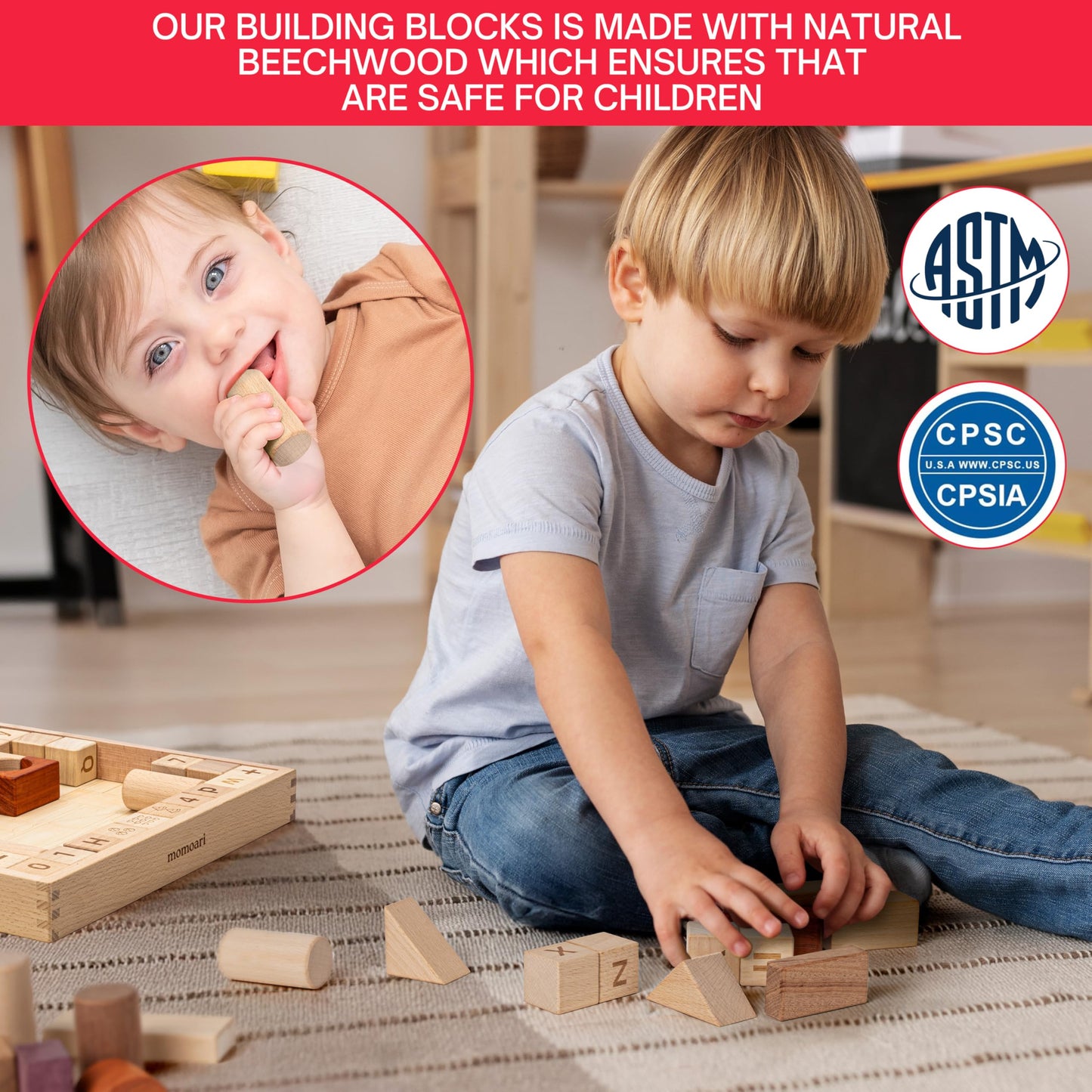 MOMOARI Alphabet Number Early Math Wooden Building Blocks Set - 86 Blocks in 6 Shapes with Wooden Storage Tray. Preschool Montessori Kids Toys. Stacking Learning Toys for Toddlers. Age 3 Years +