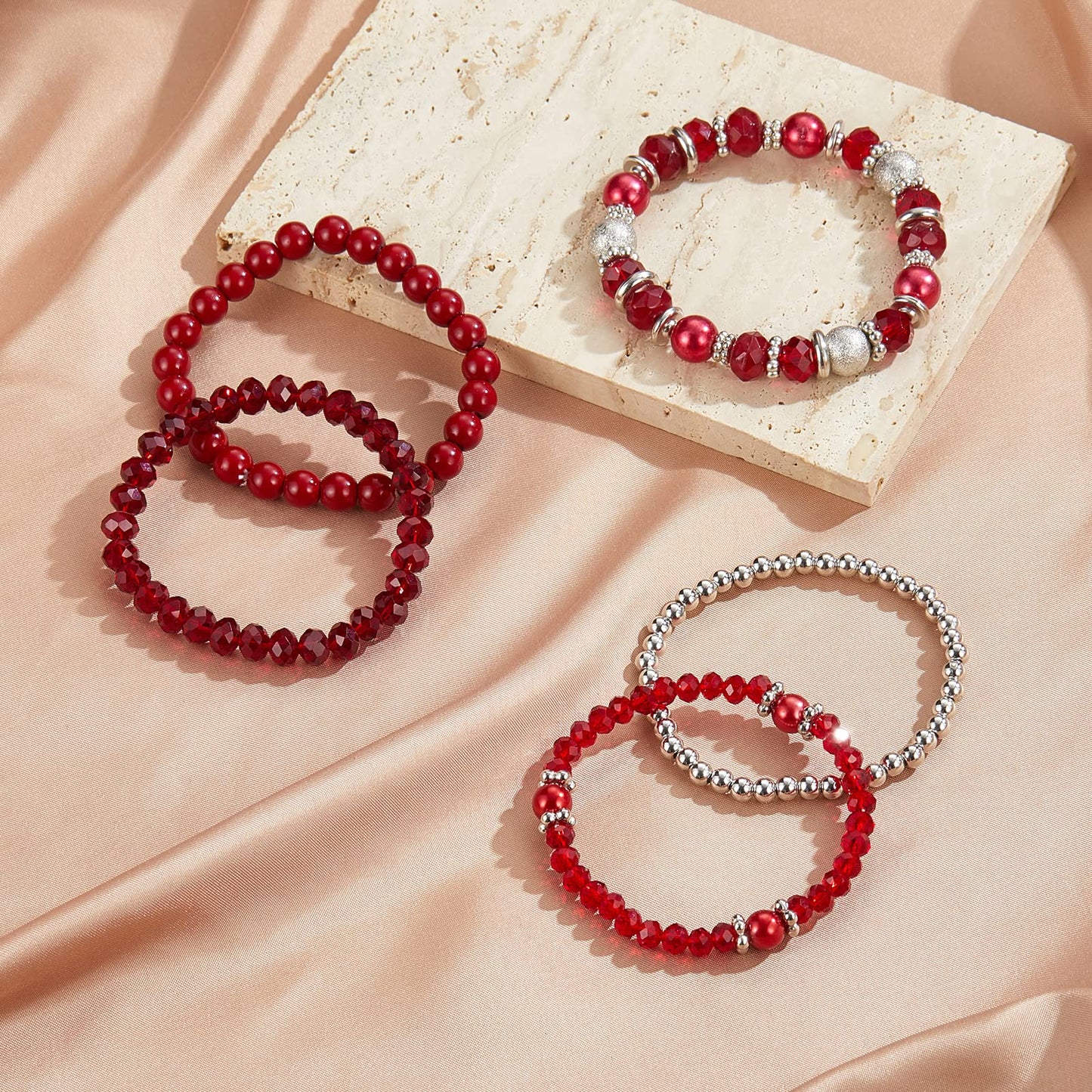 Noessla Beaded Pearl Stretch Bracelet Silver Stackable Crystal Beads Bracelets Trendy Costume Jewelry Mothers Day Gifts for Women(Red)