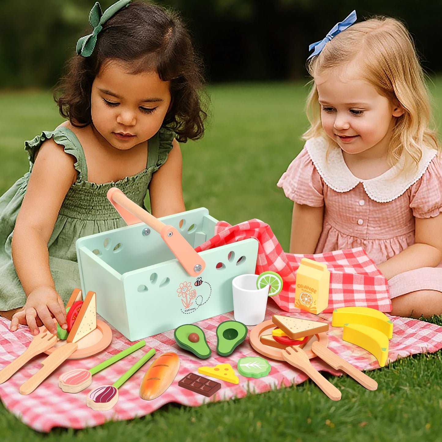 KizKnows Wooden Toy Picnic Playset, 31 Pcs Wooden Play Food Sets Sandwich Stacking Toys for Kids Pretend Play Cutting Food Toys Toddlers Play Kitchen Accessories Gift for Girls Boys Age 3+