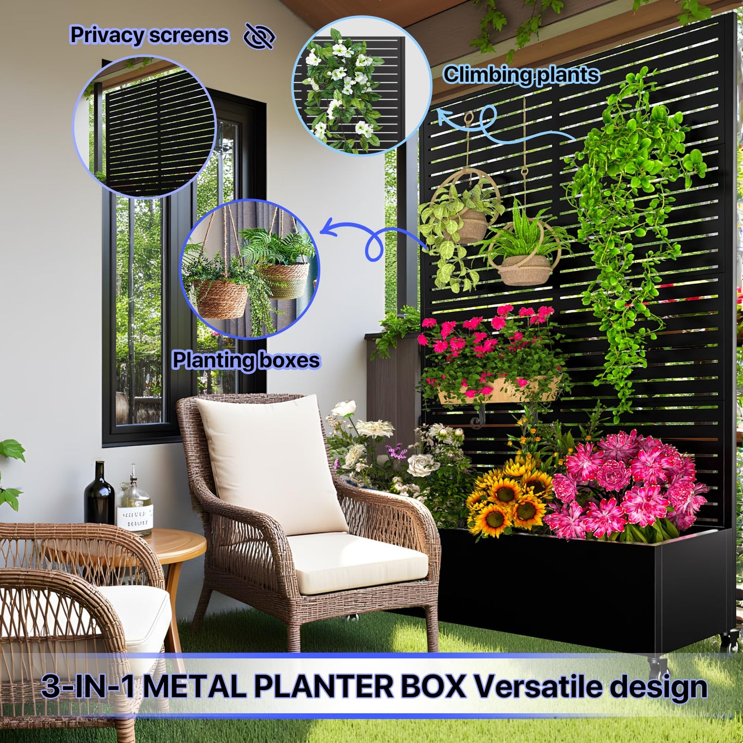 Metal Planter Box with Trellis,72"x47"x16"Galvanized Steel Outdoor Raised Garden Bed with Privacy Screen,with Drainage Holes & Lockable Casters for Climbing Plants,Vegetables,and Vines(BYC)