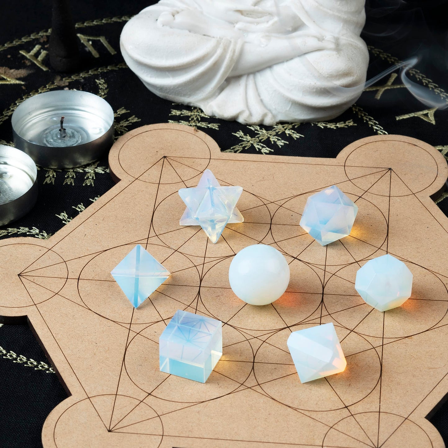 Crocon Opalite 7Pcs Platonic Solids Crystal Geometry Set, Platonic Solids Sacred Geometric Stones for Meditation Reiki Balancing Healing Chakra Stone Cleansing Spiritual Good Luck (15-20 mm)