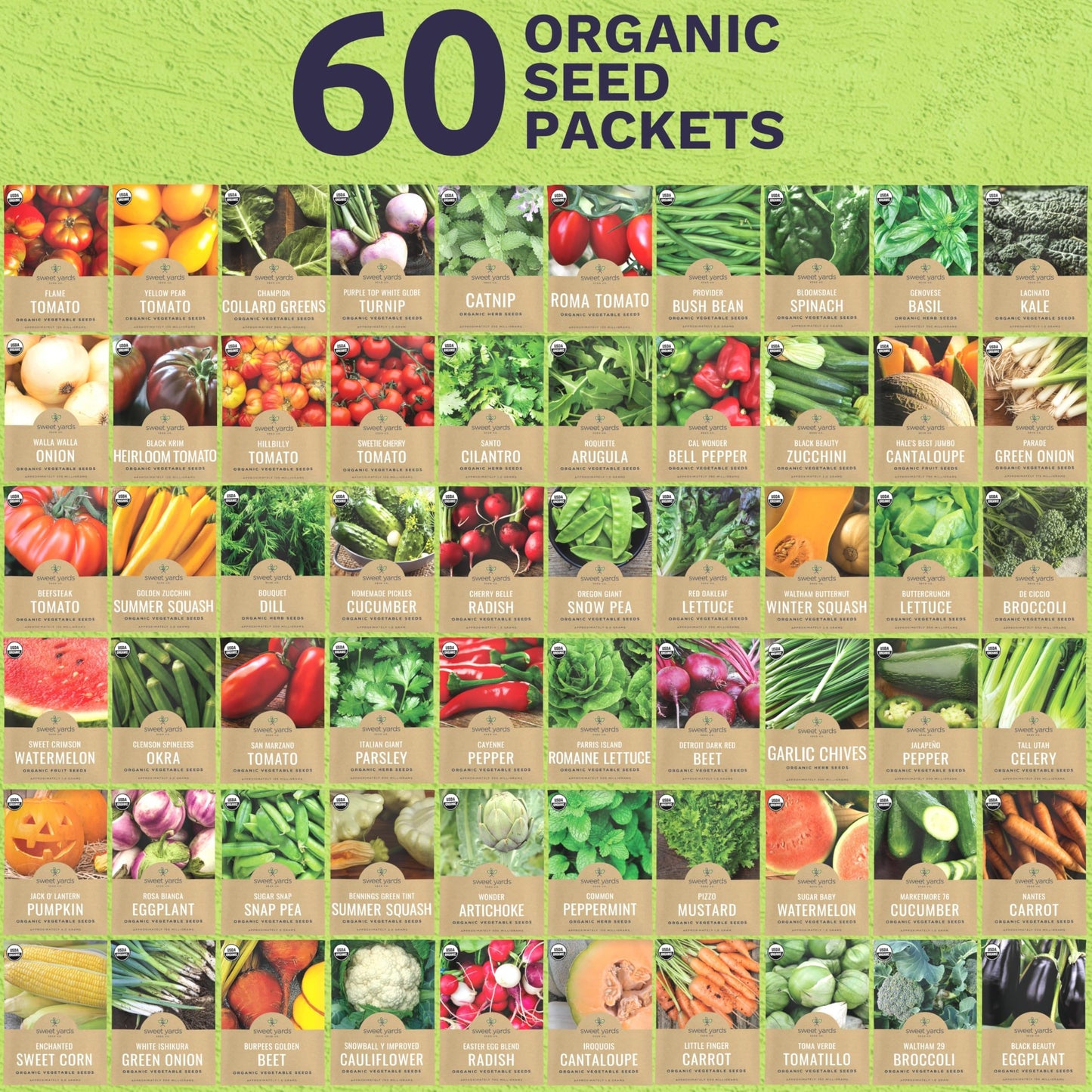 Organic Seeds Ultimate Variety Pack - 60 Individual Packs - 2026 Season - Genovese Basil, Nantes Carrot, Roquette Arugula and More! for Indoor & Outdoor Planting (Non-GMO, Certified Organic)