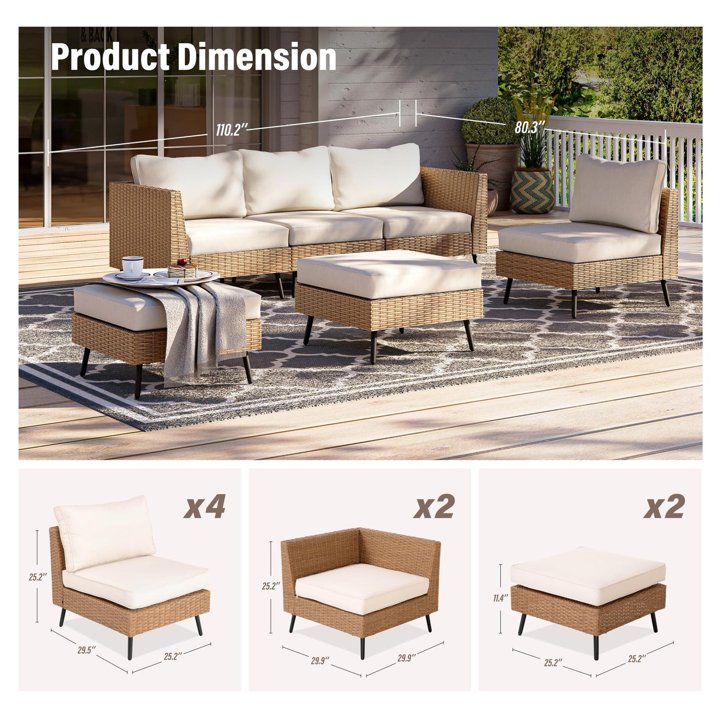 EO Living 6-Piece Patio Furniture Set, Outdoor Sectional Sofa PE Rattan Outdoor Patio Furniture with Thick Cushions, All Weather Patio Conversation Sets for Garden, Poolside, Backyard(Beige)