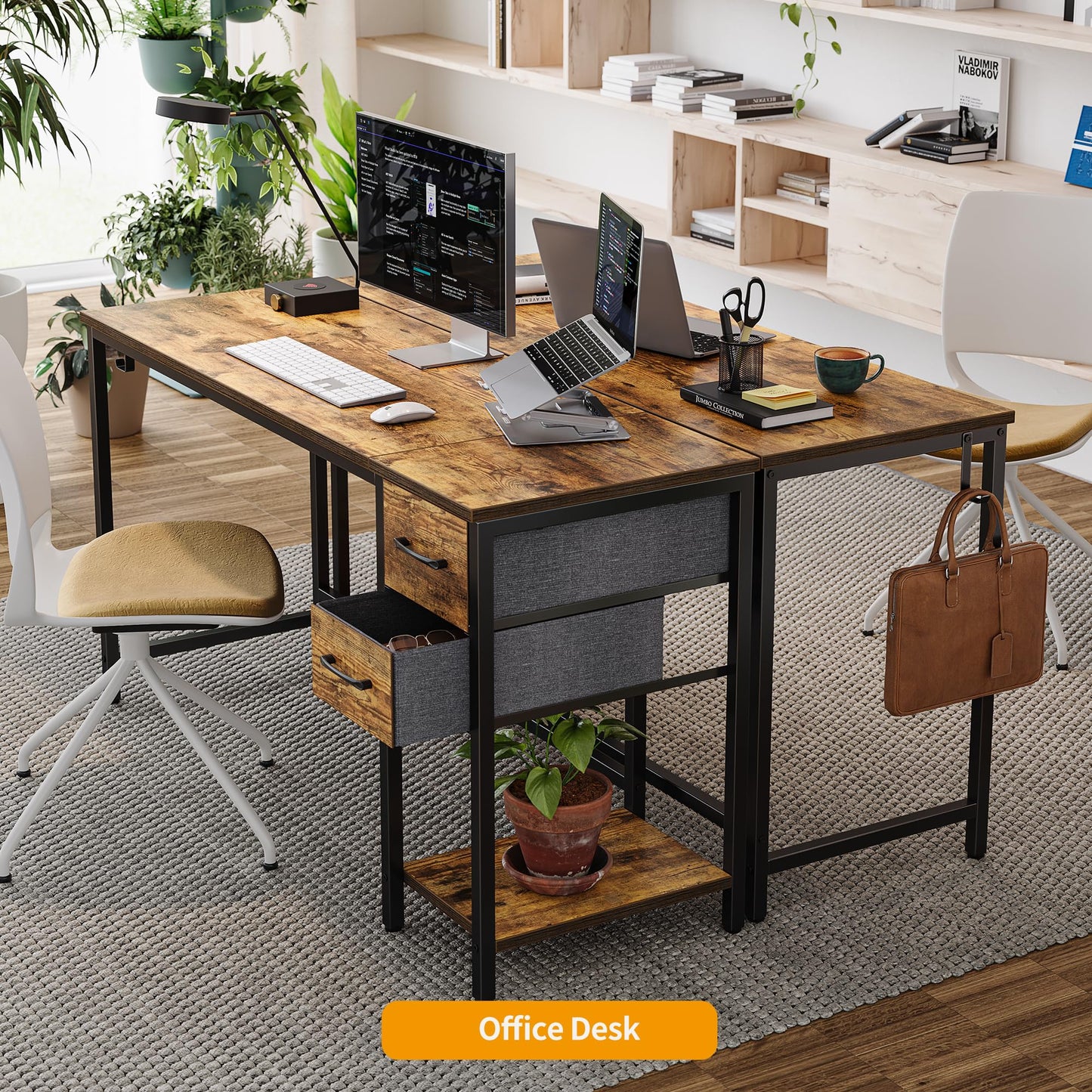CubiCubi Computer Desk with 2 Drawers, 47 Inch Small Home Office Desk Study Writing Table, Rustic Brown