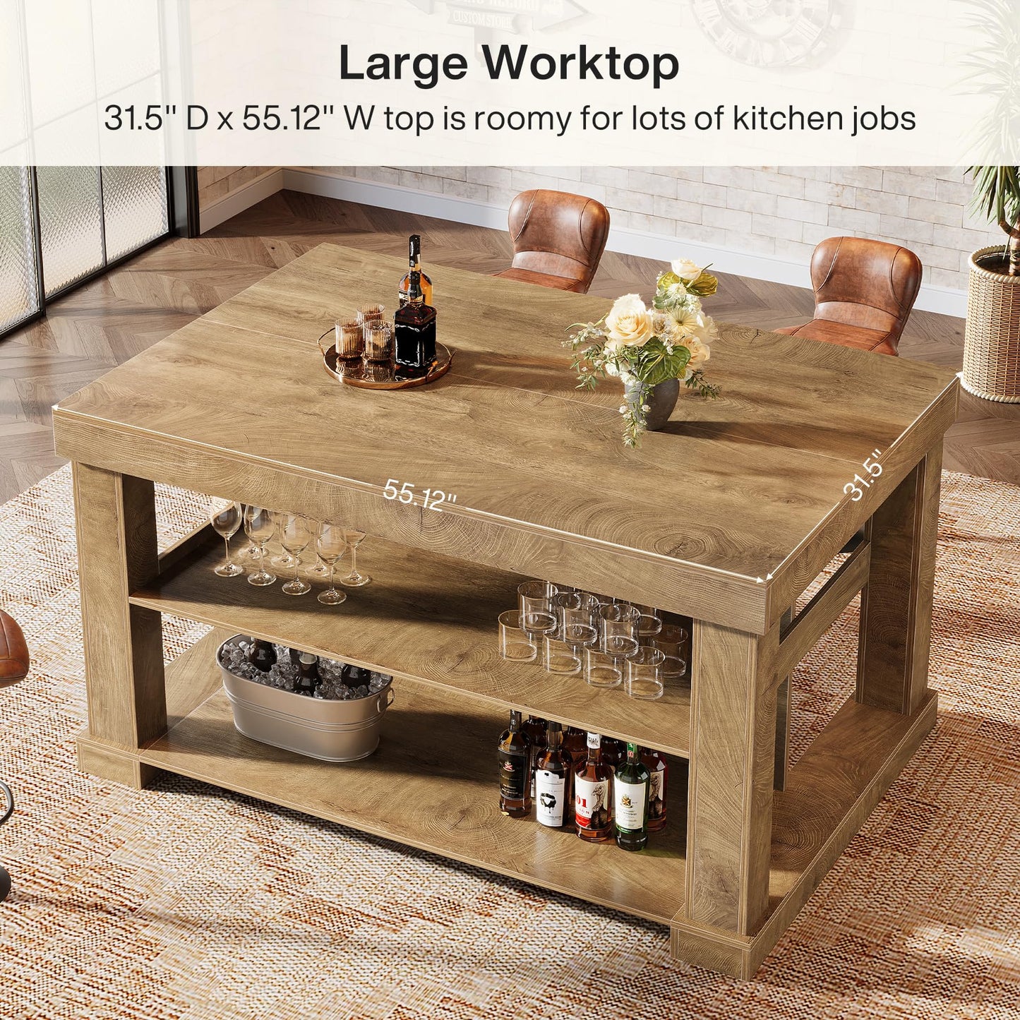 Tribesigns Bar Table, 55-Inch Counter Height Pub Table with Storage Shelves, High Top Kitchen Dining Table, Rectangle Wood Home Bar Unit for Dining Room, Bistro, Light Brown