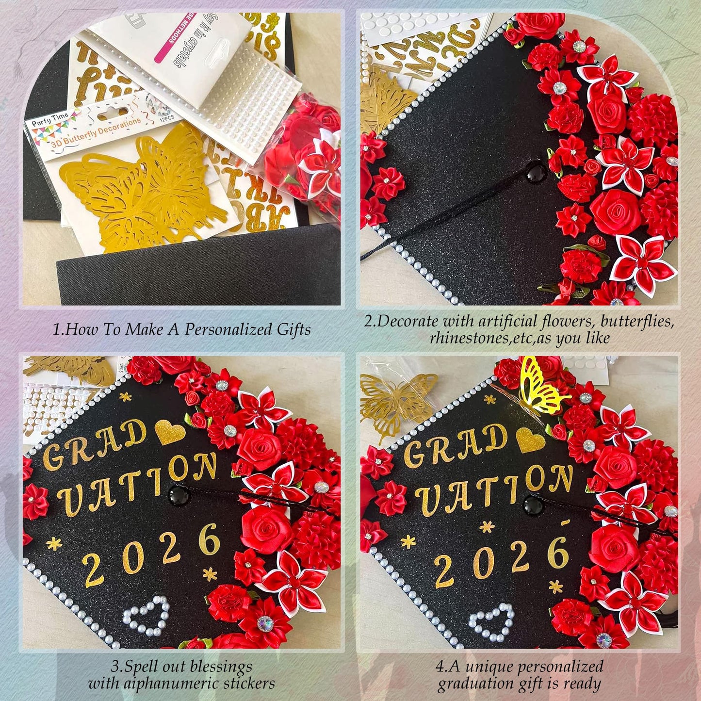 VISSTREE DIY Graduation Cap Decoration, 56 Pcs Cap Decorations for Graduation Kit 2026 DIY Grad Cap Graduation Gift with Red Paper Flowers 3D Glitter Butterfly Custom Number Letter Stickers Decor