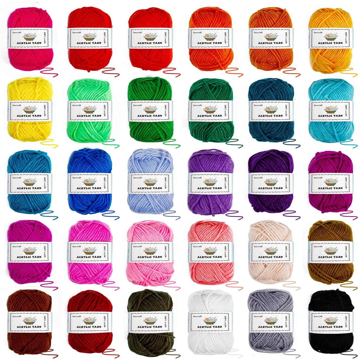 INSCRAFT Crochet Yarn Kit for Beginners Adults and Kids, Includes 1650 Yards 30 Colors Acrylic Skeins, User Manual, Hooks, Dark Grass Bag etc, Make Amigurumi & Projects, Starter Set for Professionals