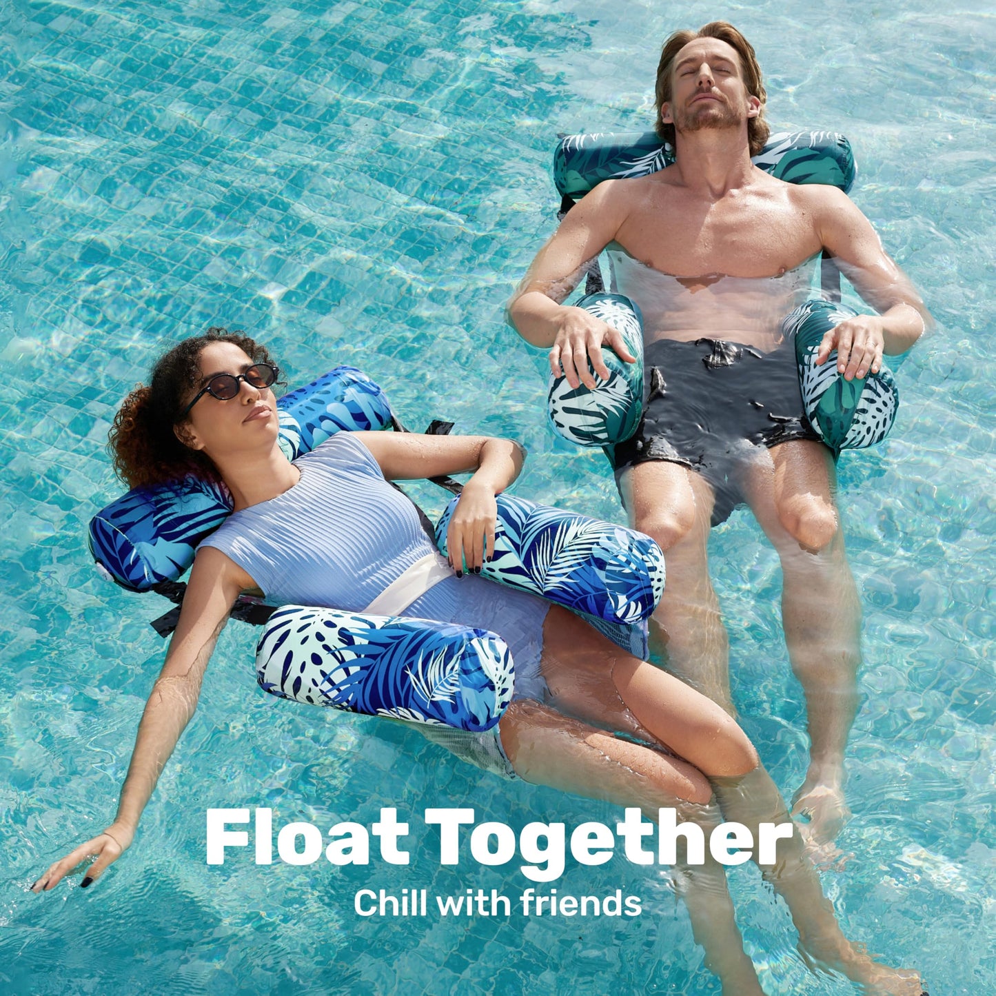 Sloosh Pool Floats Adult, 2 Packs Inflatable Pool Lounge Chairs,Blow up Hammock Pool Noodles Floats for Adults,Floating Water Chair for Pool Party Lake River Water Fun(Tropical Leaves-Green,Blue)