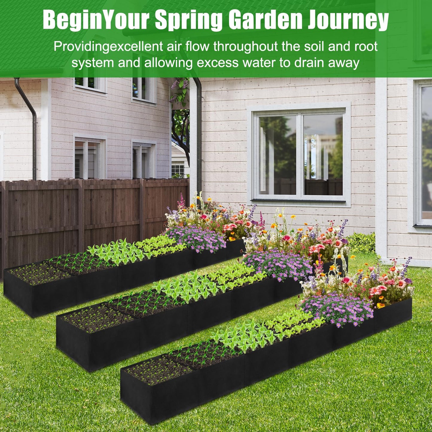 VZZNN 2Pack 12x2x1ft Fabric Raised Garden Bed - 6 Grids Plant Grow Bags, Outdoor Planter Box Non-Woven Fabric Patio Planting Bed Garden Grow Bed Bag for Growing Herbs, Flowers and Vegetables
