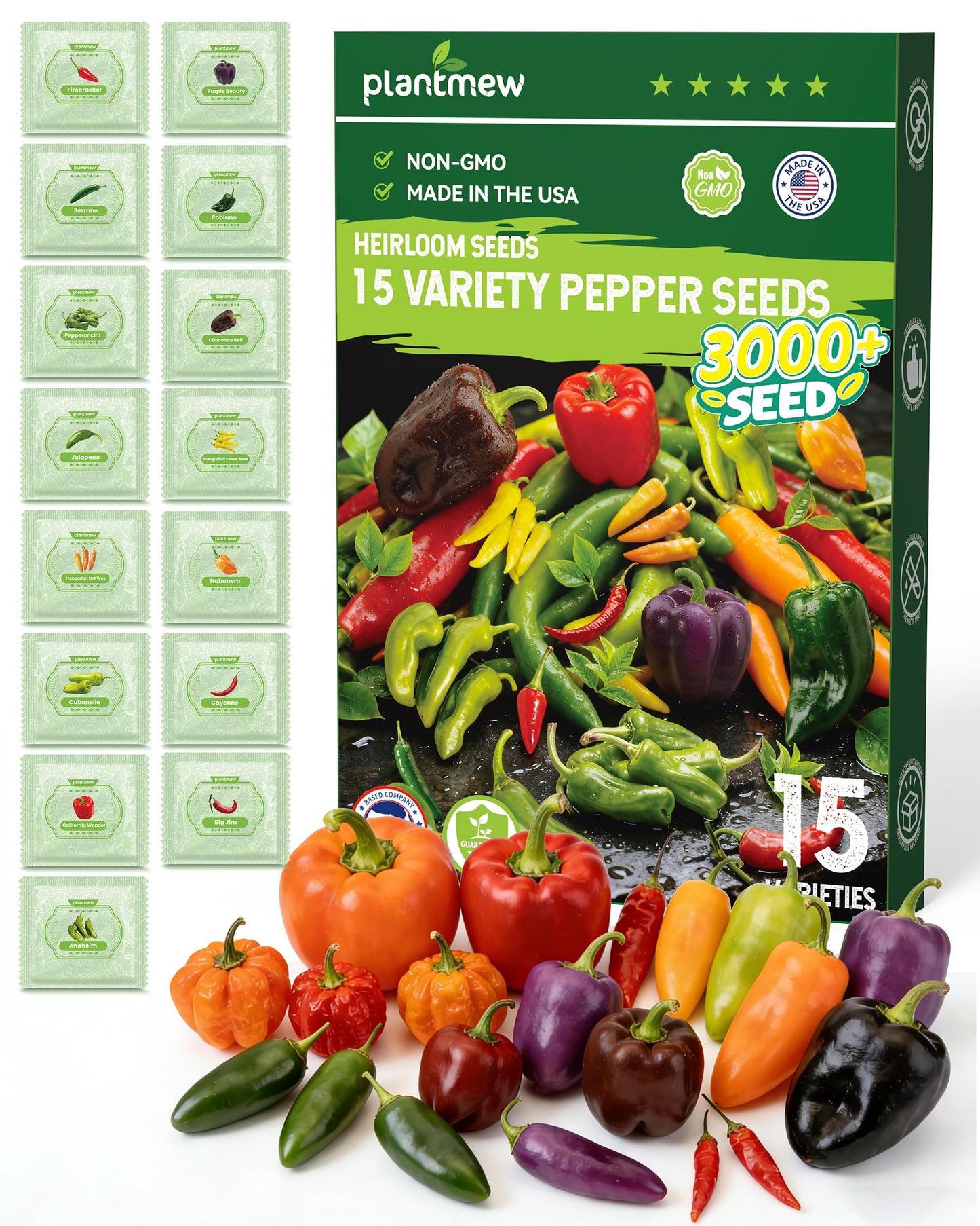 3000+ Pepper Seeds Collection - 15 Varieties Non-GMO Hot & Sweet Seeds for Planting: Cayenne, Cubanelle, Habanero, Poblano, Serrano, Big Jim & Bell for Garden