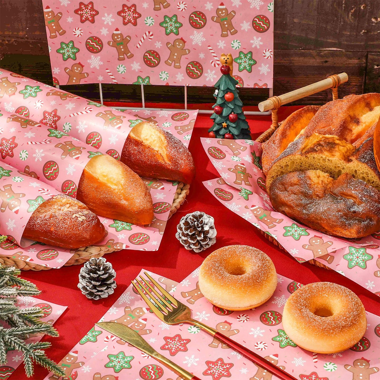 JarThenaAMCS 150Pcs Christmas Wax Paper Pink Gingerbread Man Snowflake Deli Paper Tissue Xmas Winter Sandwich Wrap Paper Oil-Proof Picnic Liners for Party Kitchen Supplies