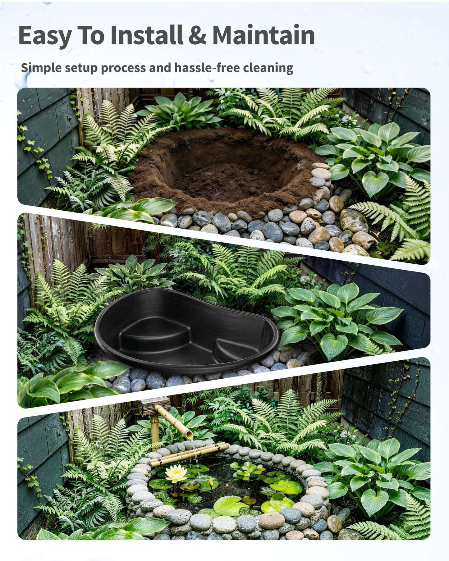 POPOSOAP Preformed Pond Liner, 33 Gallon Rigid Plastic Pond Tub Heavy Duty U-V Resistant Basin with Integrated Plant Shelves for Backyard, Garden and Patio Landscaping P797