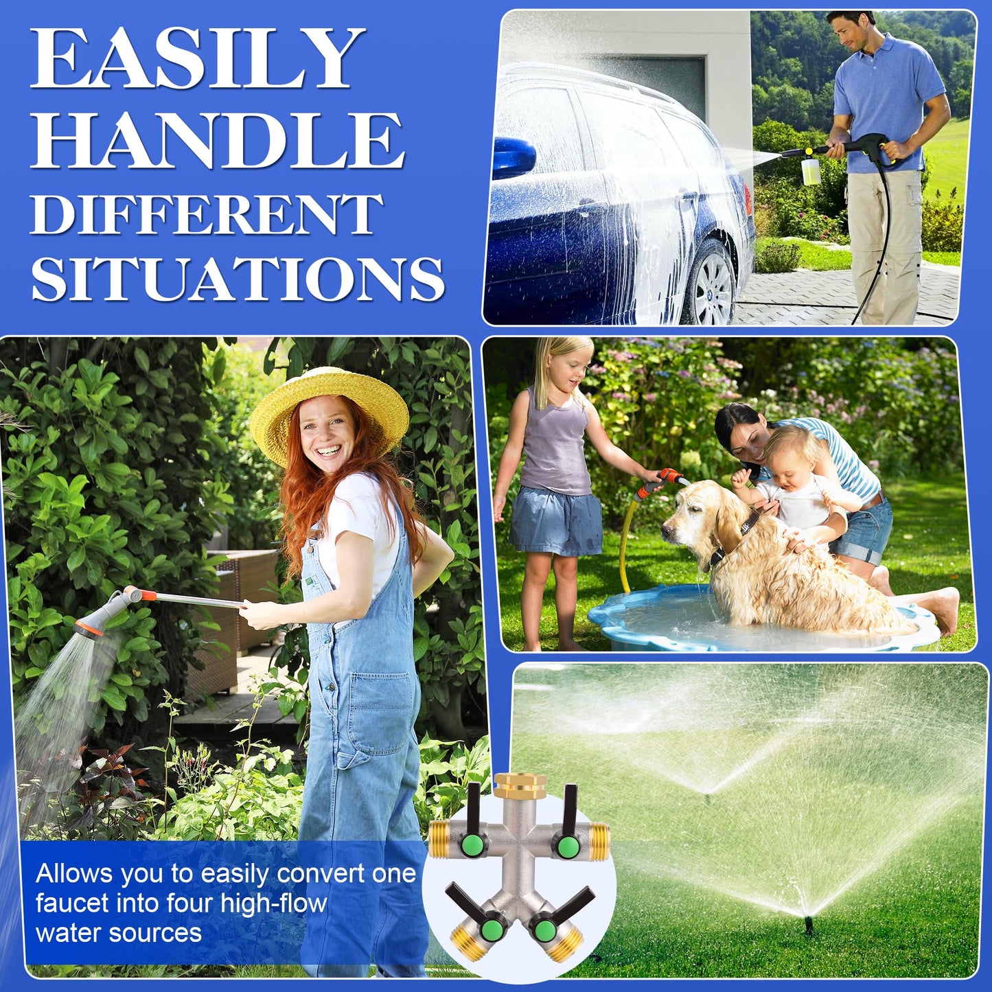 EJW Hose Splitter 4 Way, Garden Hose Splitters, 4 Way Faucet Splitter, Water Spigot Splitter, RV Brass Hose Splitter,Heavy Duty Garden Hose Splitter, Hose Valve 3/4 Inch GHT Thread.