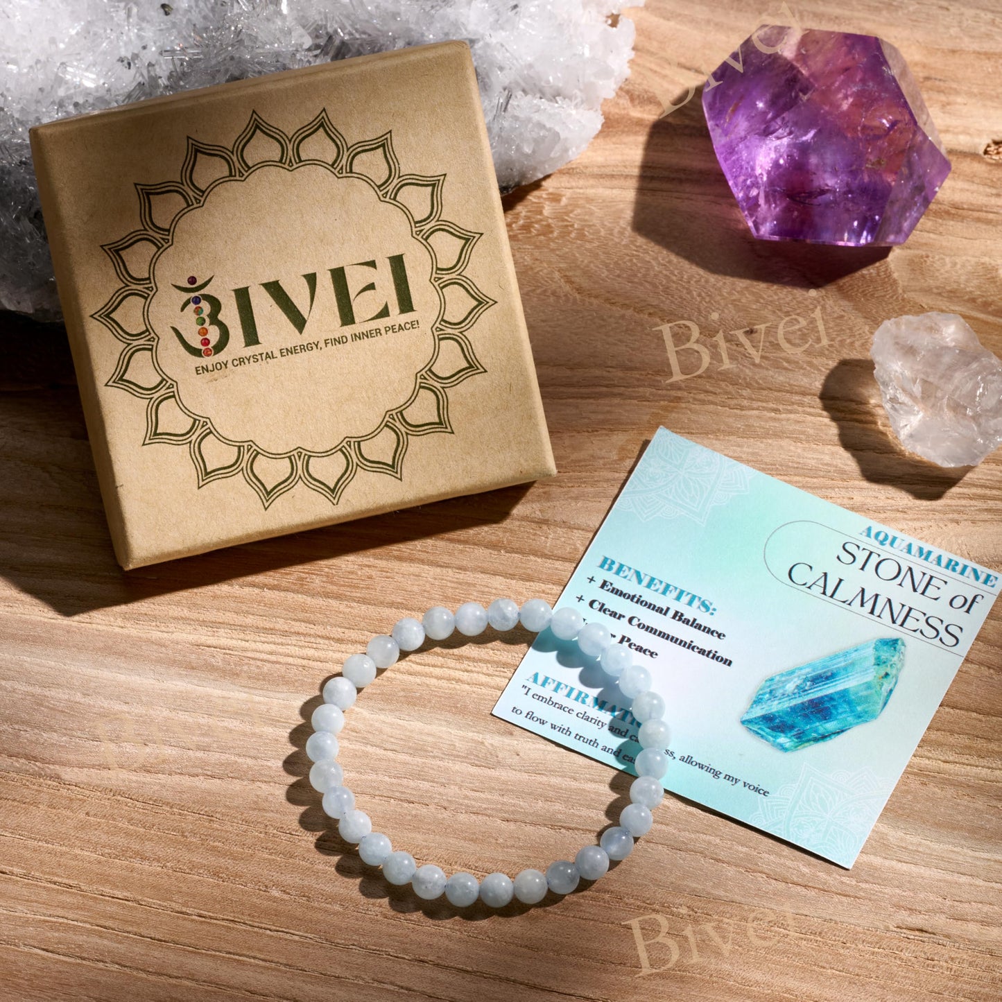 Bivei Aquamarine - Calmness - 6mm Beaded Bracelets for Women Handmade Semi Precious Natural Stone Stretch Elastic Jewelry for Women Yoga Protection Gifts Small