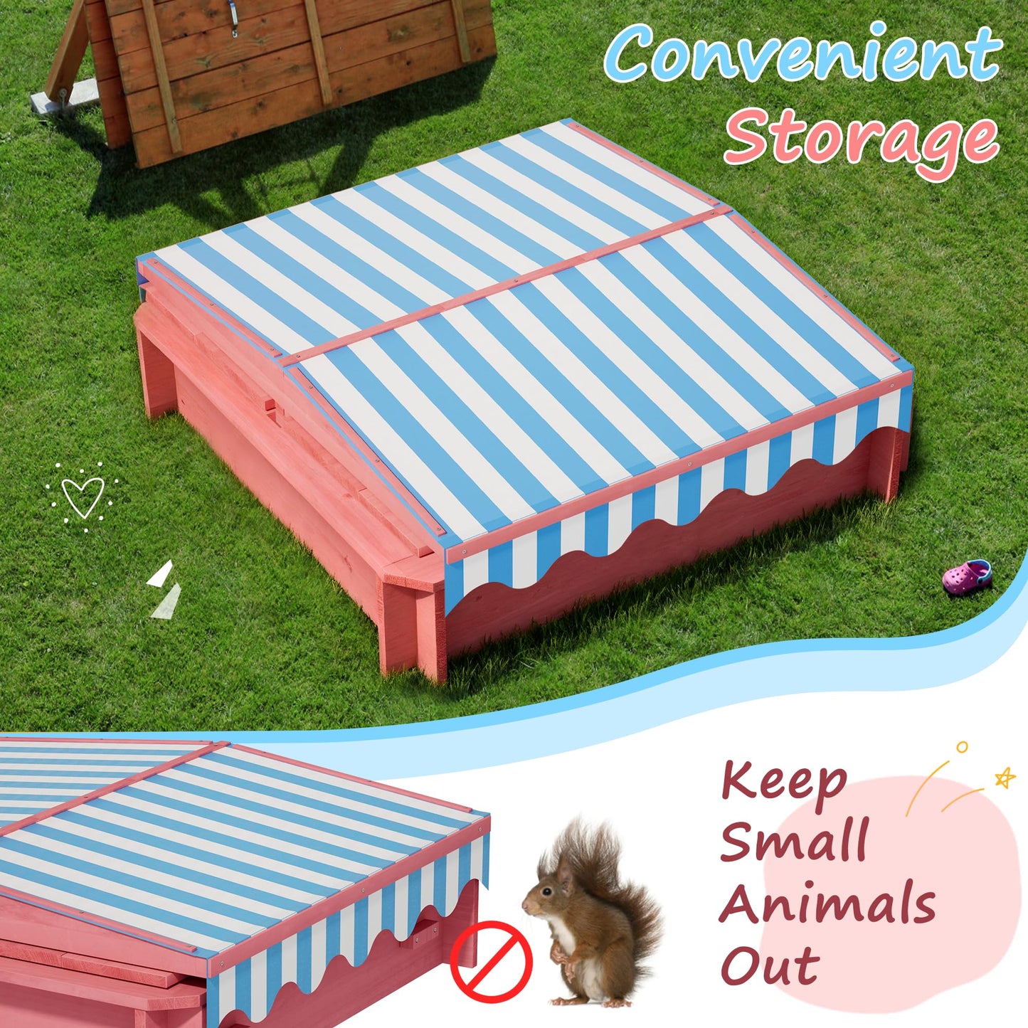 Wooden Kids Sandbox with Height-Adjustable UV-Resistant Canopy - 43x43 Inch Outdoor Play Sand Box with Lid, 2 Foldable Bench Seats & Bottom Liner, Ideal for Backyard, Garden, Beach