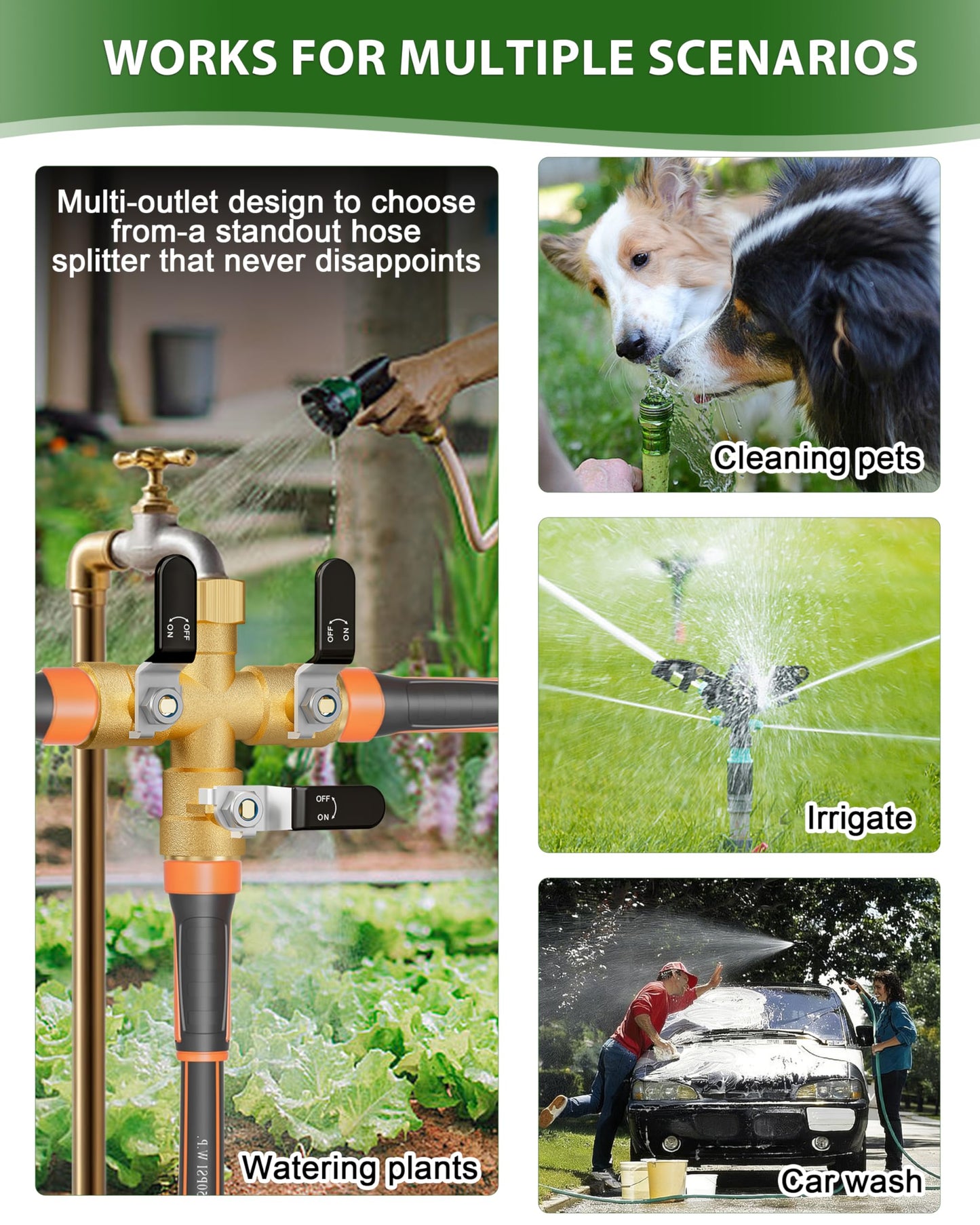 Garden Hose Splitter, 3 Way Heavy Duty Brass hose splitter, Water Hose Bib Spigot Splitter with 0.59" Full Flow Ball Valve Outlet & Shut-Off Valve 3/4'' Connector Outdoor Water Faucet Adapter