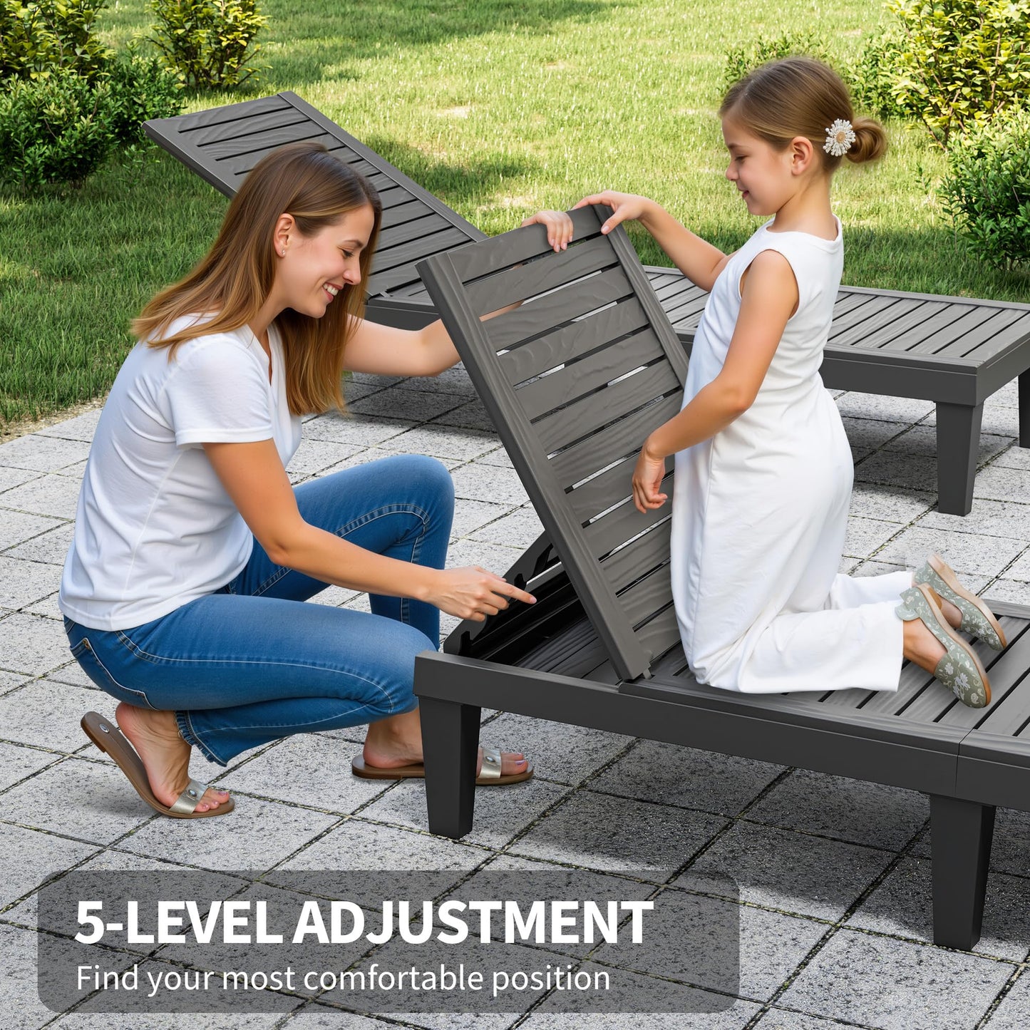 NUNU LAB Outdoor Chaise Lounges Set of 2, 5-Position Adjustable Patio Recliners with All-Weather Resin, Sun Loungers for Deck, Garden, Beach, Pool Sunbathing (Black Wood Grain, Set of 2)