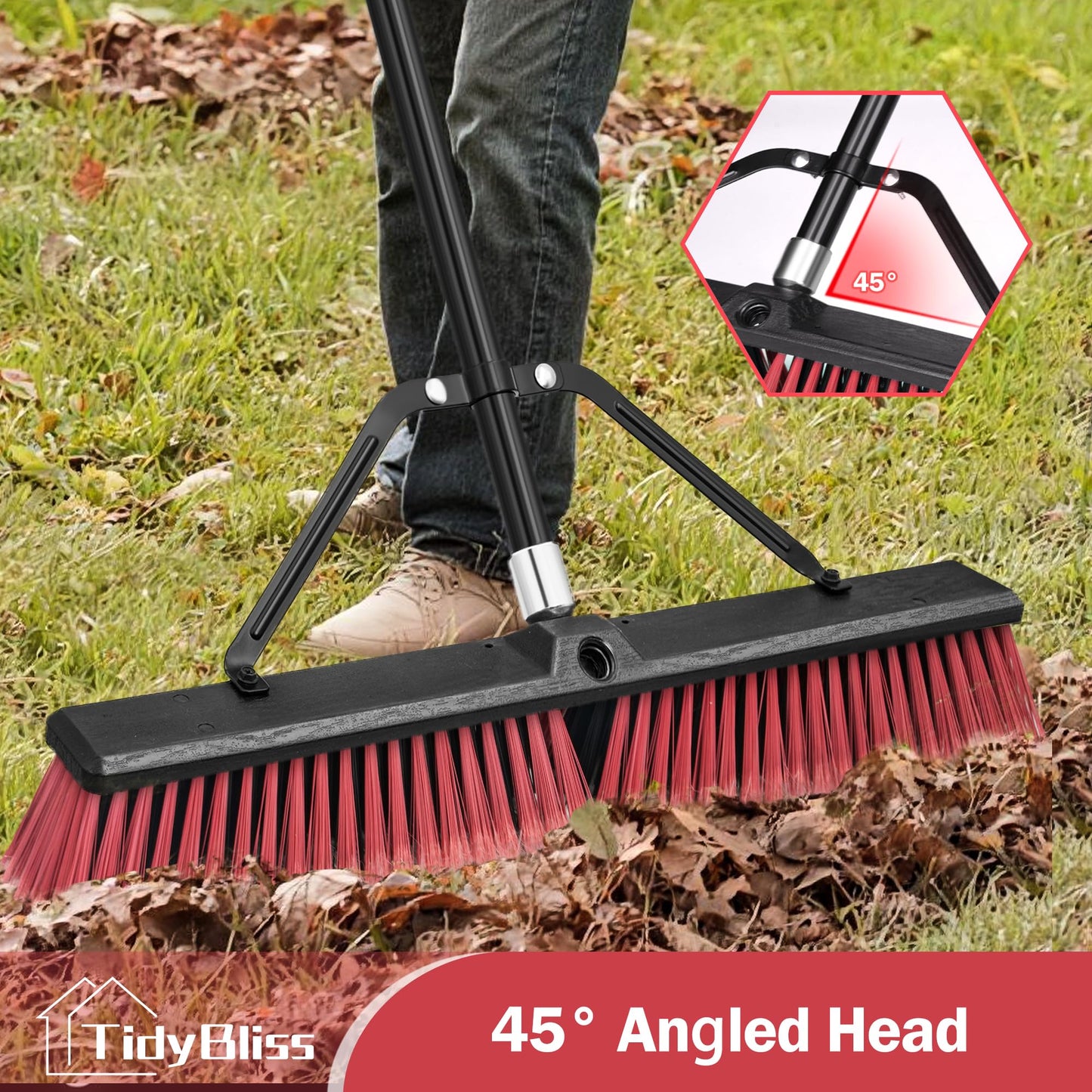 TidyBliss 24” Push Broom Outdoor Heavy Duty, Large Commercial Stiff Bristle Brush with 63 inches Long Handle for Garage Shop Garden Yard Patio Deck Street Warehouse Lawn Driveway (Red)