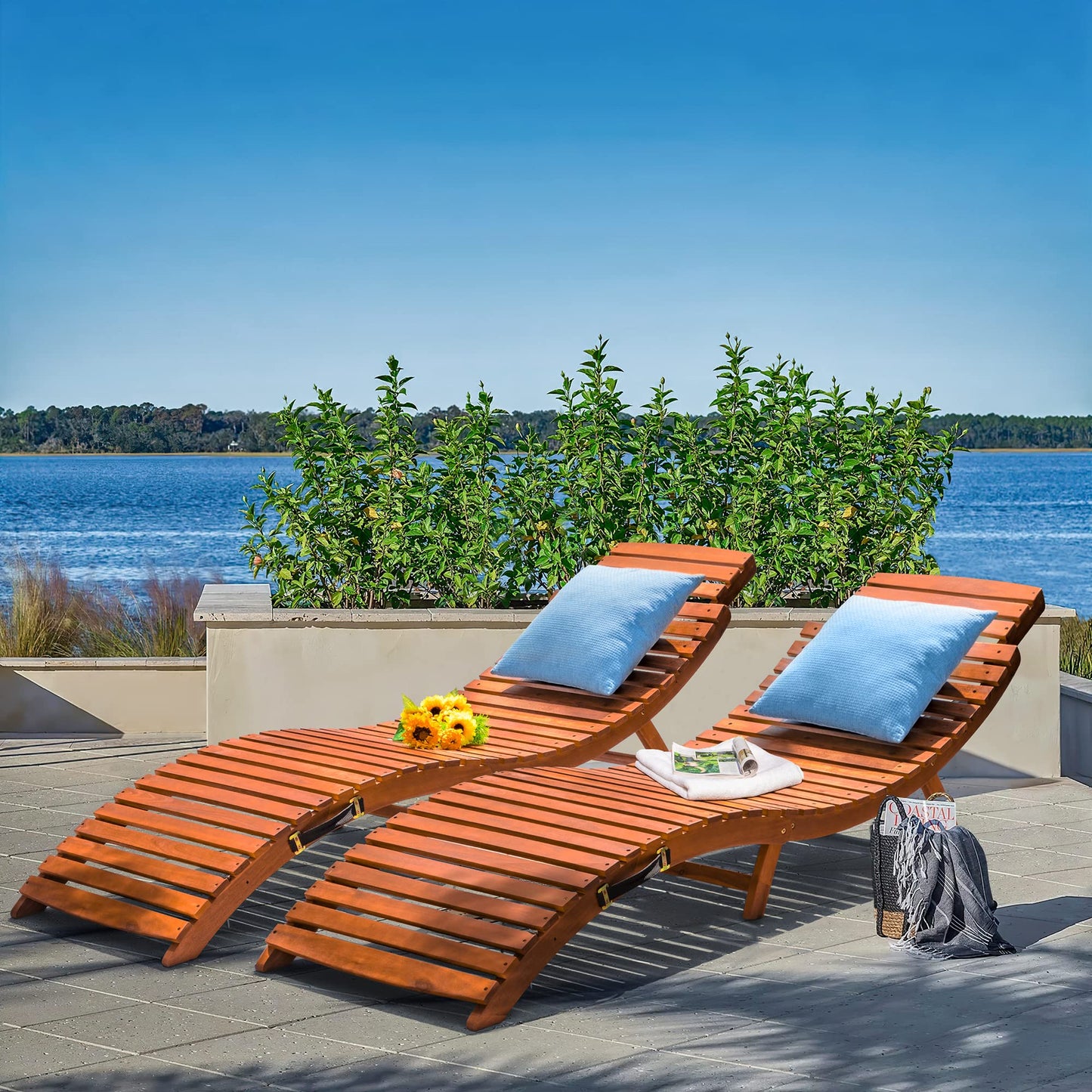 Greesum Wood Folding Chaise Lounge Chair, Weatherproof Extended Sun Lounger with Adjustable Headrest for Patio, Balcony Poolside Garden, Set of 2, Wooden