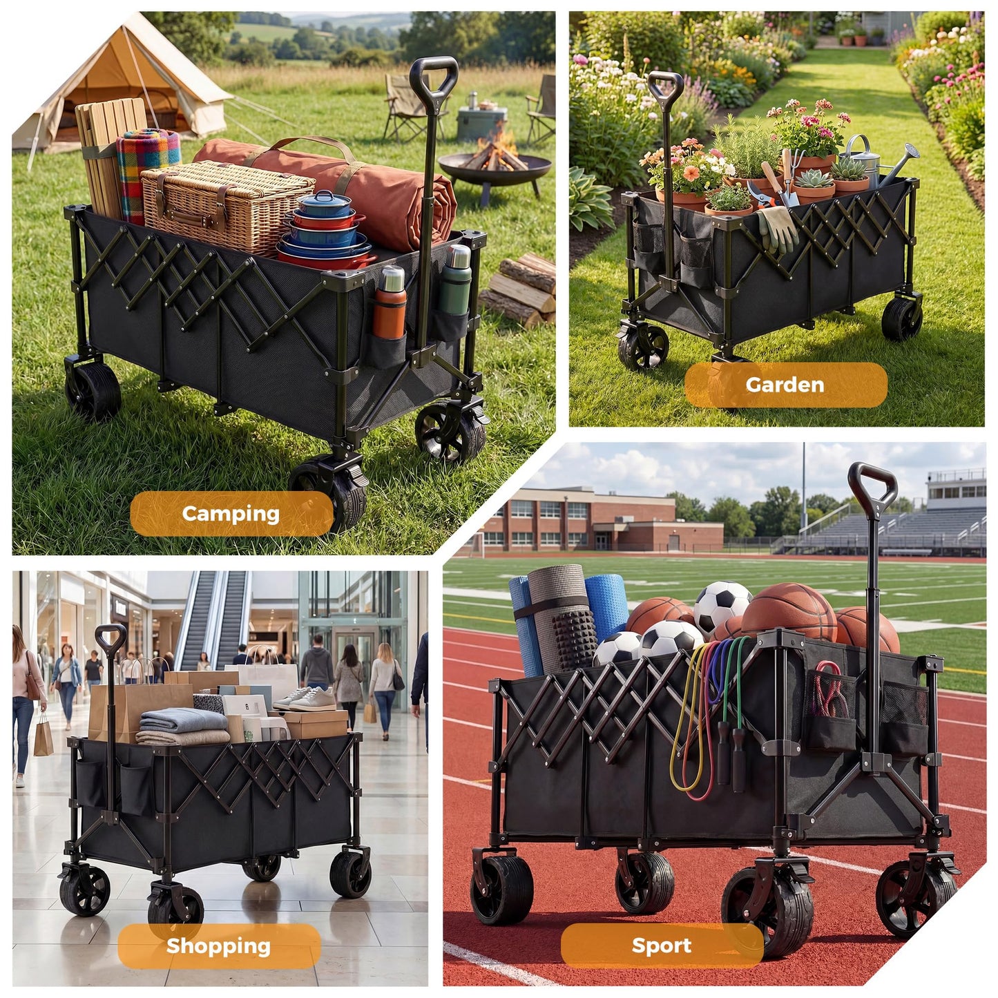 NEWBULIG Wagon Carts Foldable - 440LB Extra-Long Heavy-Duty Collapsible Wagon with All-Terrain Wheels, Portable Storage Shopping Cart for Groceries, Camping, Sports, Beach, Garden