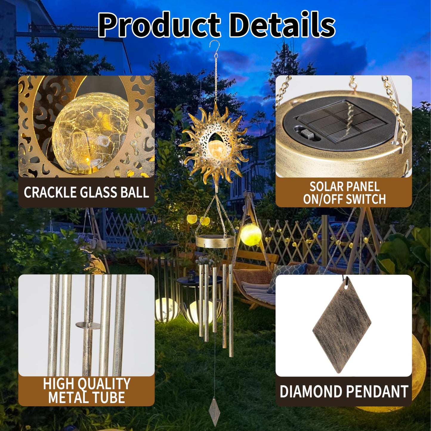 Yonxuleo Sun Solar Wind Chimes for Outside Lights Prefert Gifts for Mom Wife Unique Crackle Glass LED Warm Light Outdoor Hanging Decor Windchimes for Garden Yard Patio Christmas Birthday Mothers Day