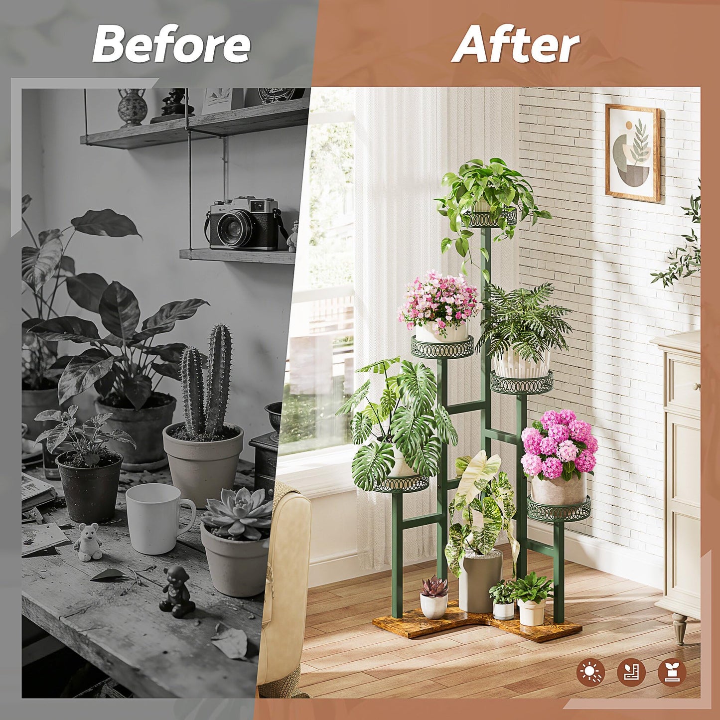 NQW Plant Stand 6 Tier Indoor Metal Wood Flower Shelf for Indoor Outdoor Corner Tall Flower Holders for Garden Balcony Living Room Bedroom