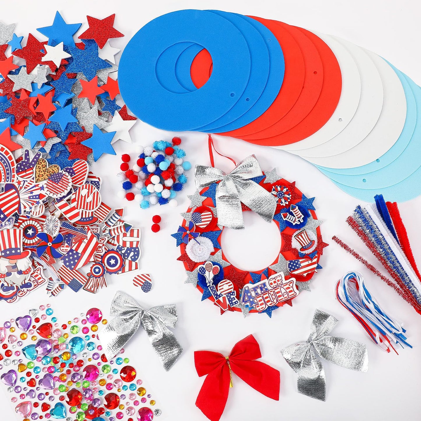 BOARDFEB 12 Sets 4th of July Crafts Kits DIY Patriotic Red White Blue Star Foam Wreath Signs Ornaments for Kids Independence Day Party Favors Gift Exchange Activities