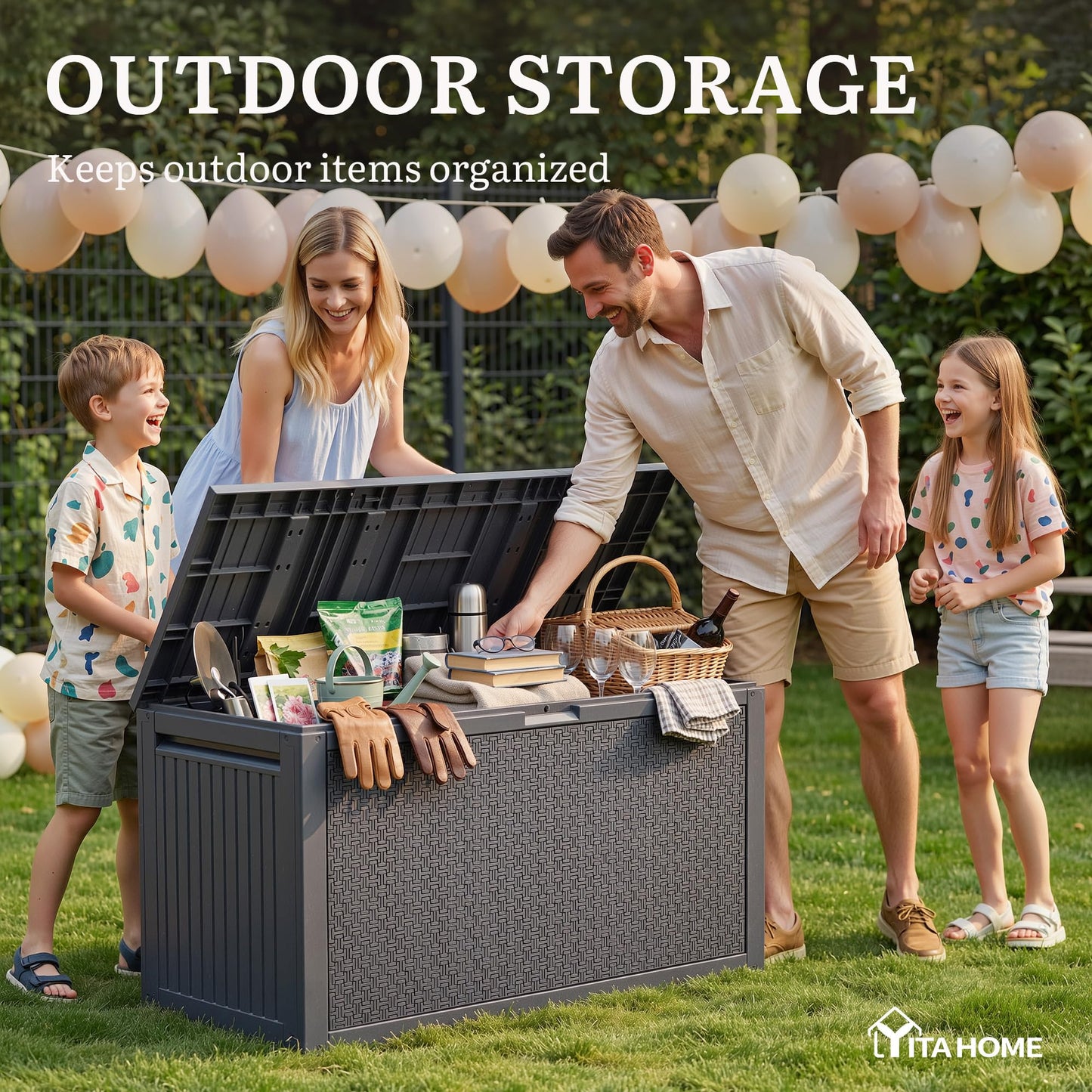 YITAHOME 90 Gallon Outdoor Storage Deck Box, Waterproof Resin Deck Box w/Handles, Lockable Outdside Deck Box for Patio Furniture, Garden Tools, Lockable & UV Resistant(Dark Gray)