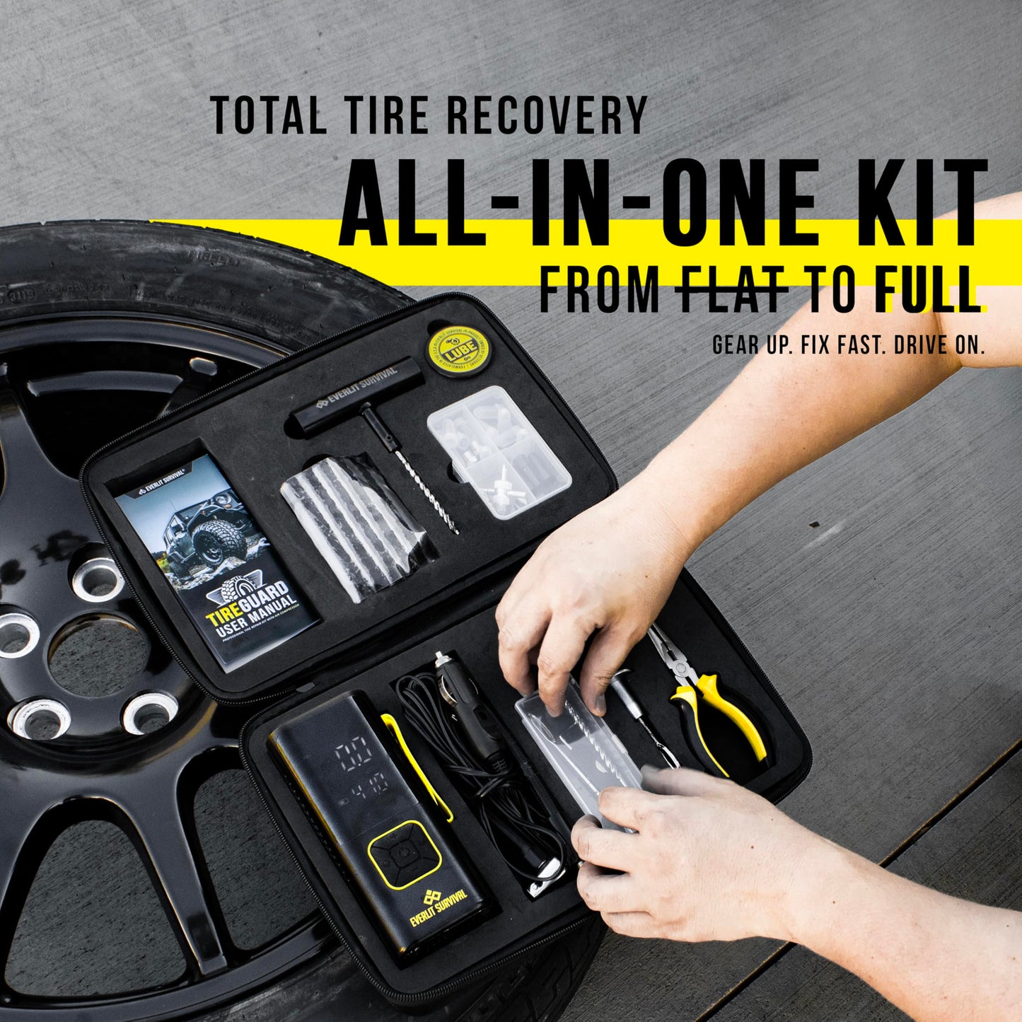 EVERLIT All-in-One Tire Repair Kit with Air Compressor – 150 PSI Portable Cordless Tire Inflator & Plug Kit – Flat Tire Emergency Roadside Kit for Car, SUV, Truck & Motorcycle Fast Repair & Inflation