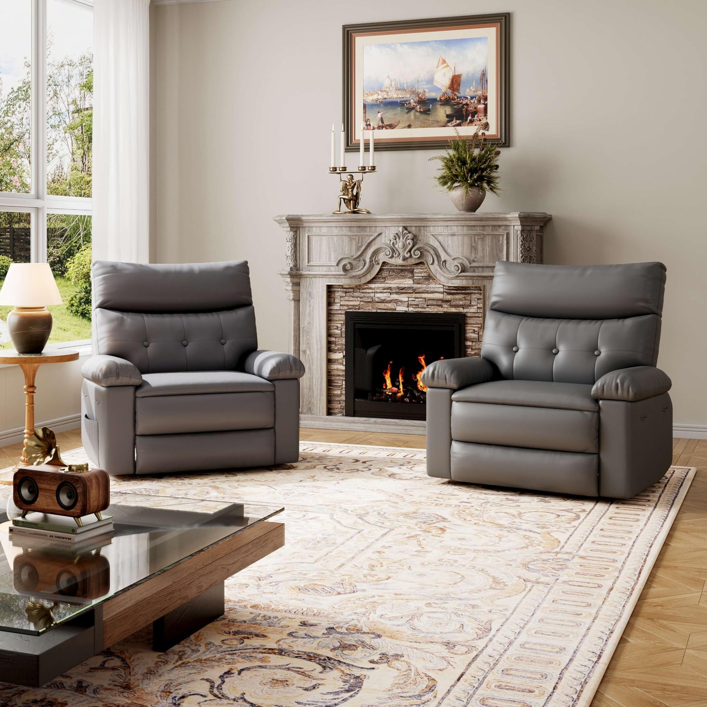 GarveeHome Recliner Chair - PU Leather Manual Recliner for Adults, Lazy Chair with 1.5X Sponge Comfort Arm and Back for Living Room, Bedroom