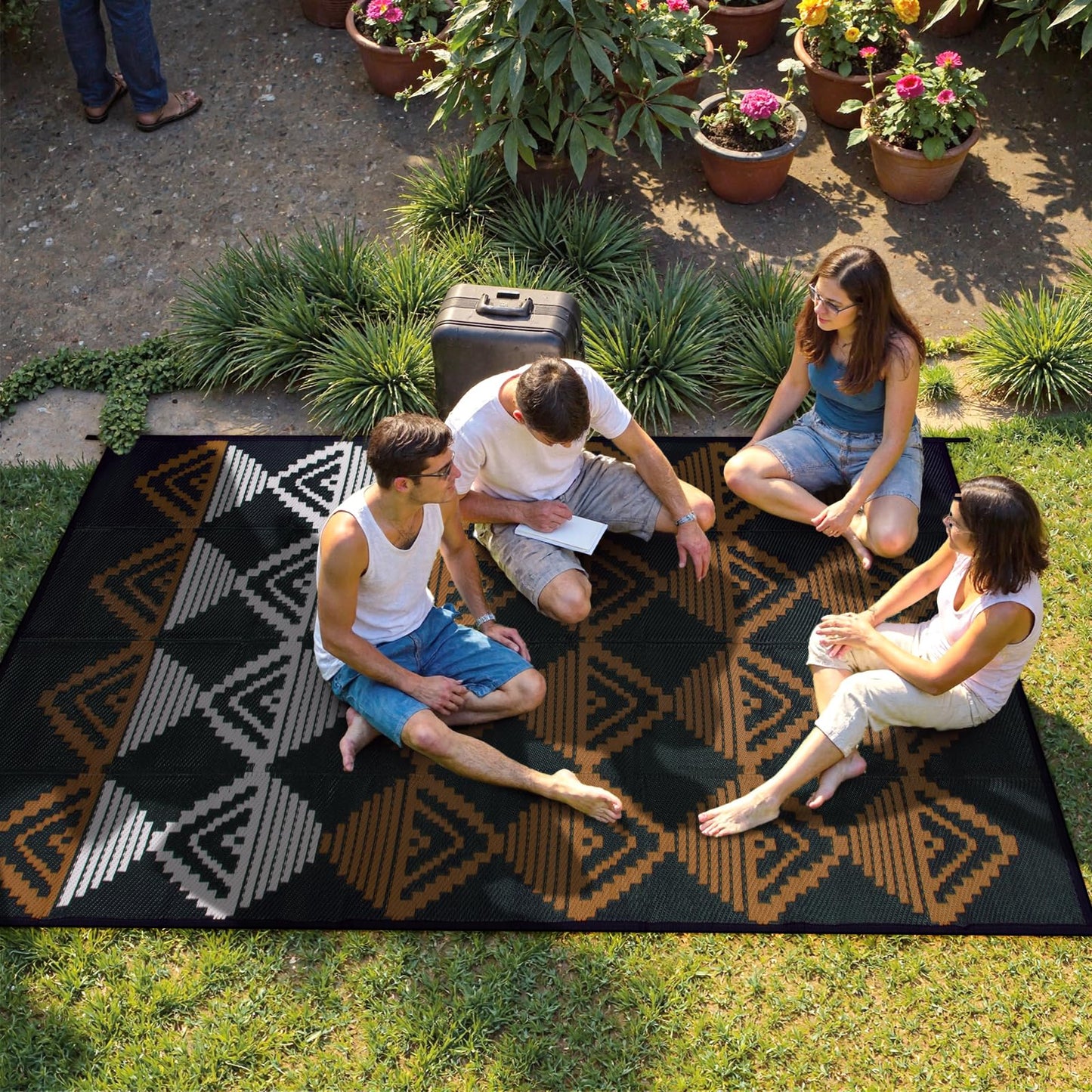 Lahome Outdoor Rugs 8x10 Waterproof, Reversible Plastic Large Outdoor Rug for Patios, Outside RV Mat Carpet for Patio Deck Porch Backyard Balcony Picnic Trailer (Black/Brown, 8' x 10')