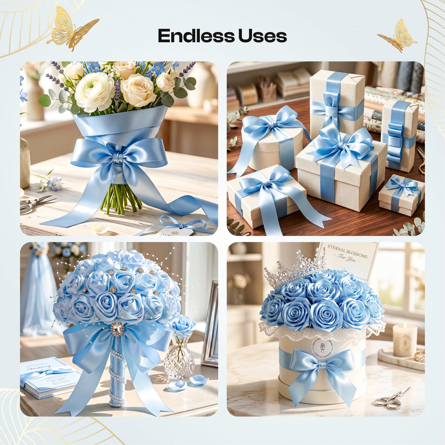 Caydo Sky Blue Ribbon Rose Bouquet for 2026 Graduation Gifts, 91PCS Ribbon Flower Making Kit with Floral Stem Wire, Wrapping Paper, Glue Stick, 3D Butterfly & Diamond Pins
