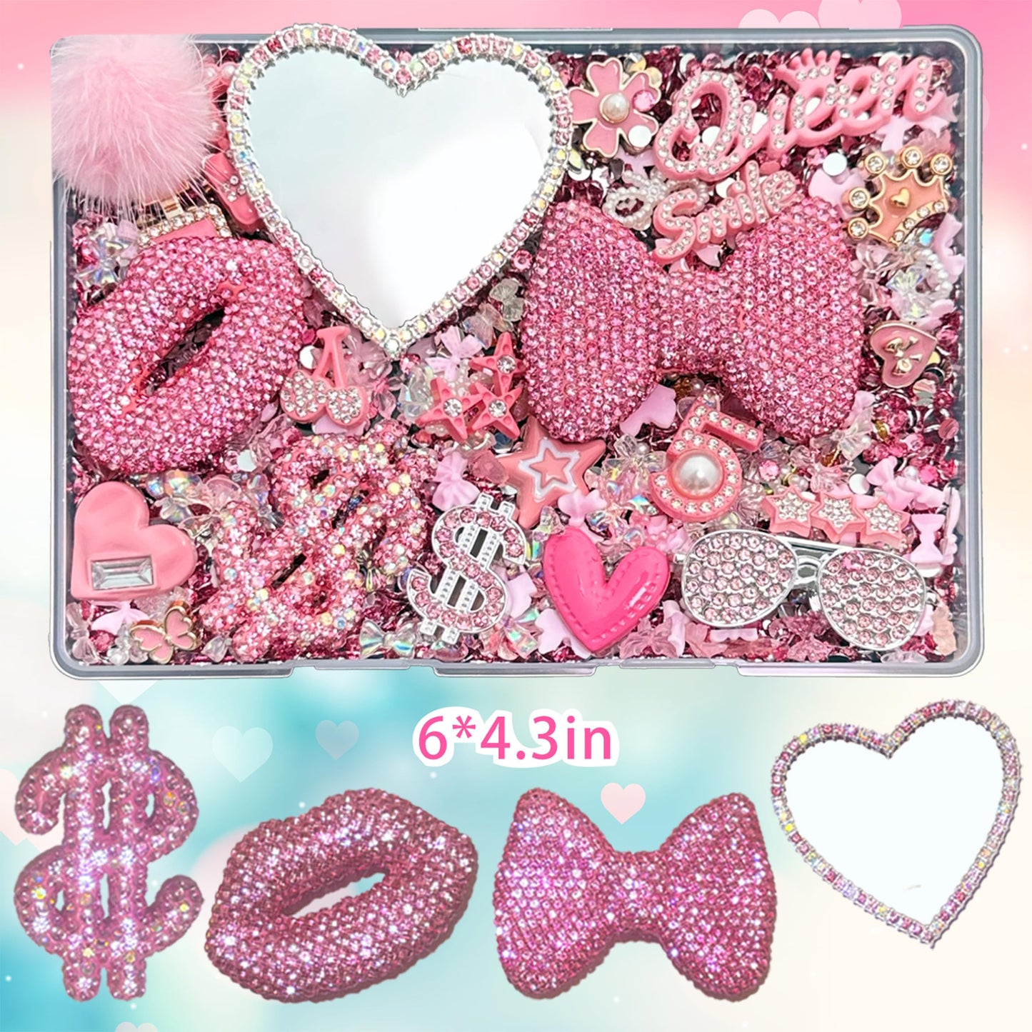 Gehaiwo Pink Junk Case Charms Kit, Junks Phone Cases with Rhinestone Accessories and Full Diamond Bow Lips Dollar Sign Pom Resin Kits Mirror with DIY Phones Decorations