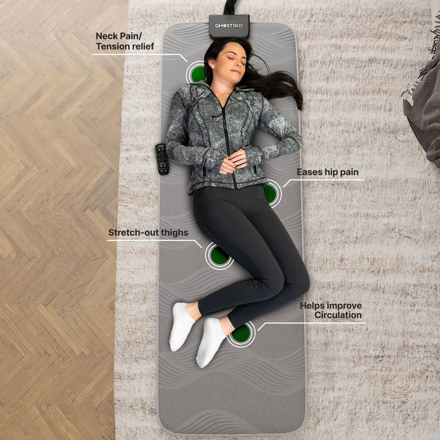 GhostBed Massage Mat with 3" Gel Memory Foam - 7 Full-Body Massage and Stretching Programs, Plus Vibration and Heat Therapy, Charcoal Grey