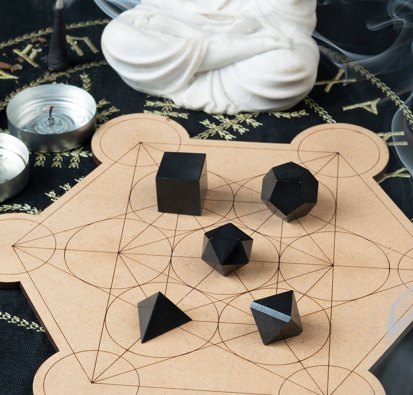Crocon Black Tourmaline 5Pcs Platonic Solids Crystal Geometry Set, Platonic Solids Sacred Geometric Stones for Meditation Reiki Balancing Healing Chakra Stone Cleansing Spiritual Good Luck (15-20 mm)