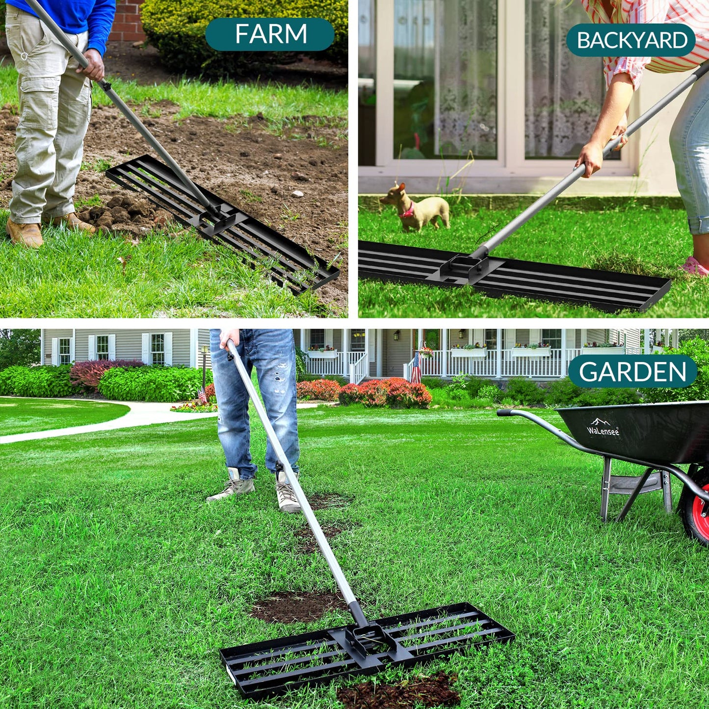 Walensee Lawn Leveling Rake, Levelawn Tool, Heavy Duty Effort Saving Lawn Level Tool, Steel Handle Lawn Leveler for Yard Garden Golf Course , Ease Level Soil Sand Dirt Surfaces, 7FT 30"x10"