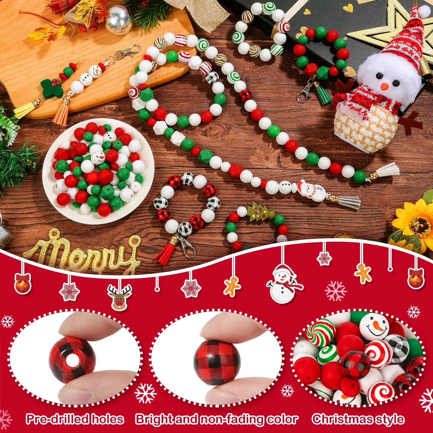 Lucomb 217 PCS Christmas Silicone Beads Bulk 15mm Silicone Beads Xmas Christmas Wooden Beads C y Cane Wood Beads Loose Rubber Beads Abacus Focal Beads Keychain Necklace Making Pens Crafts Ornament