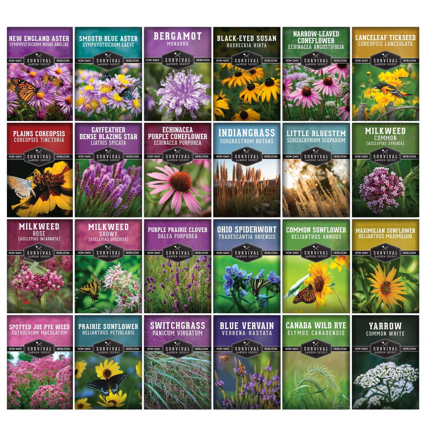 Native Wildflower Seeds for Planting 24 Variety Pack – Perennial & Annual North American Flowers for Butterfly & Bee-Friendly Pollinator Gardens – Non-GMO Heirloom – Survival Garden Seeds
