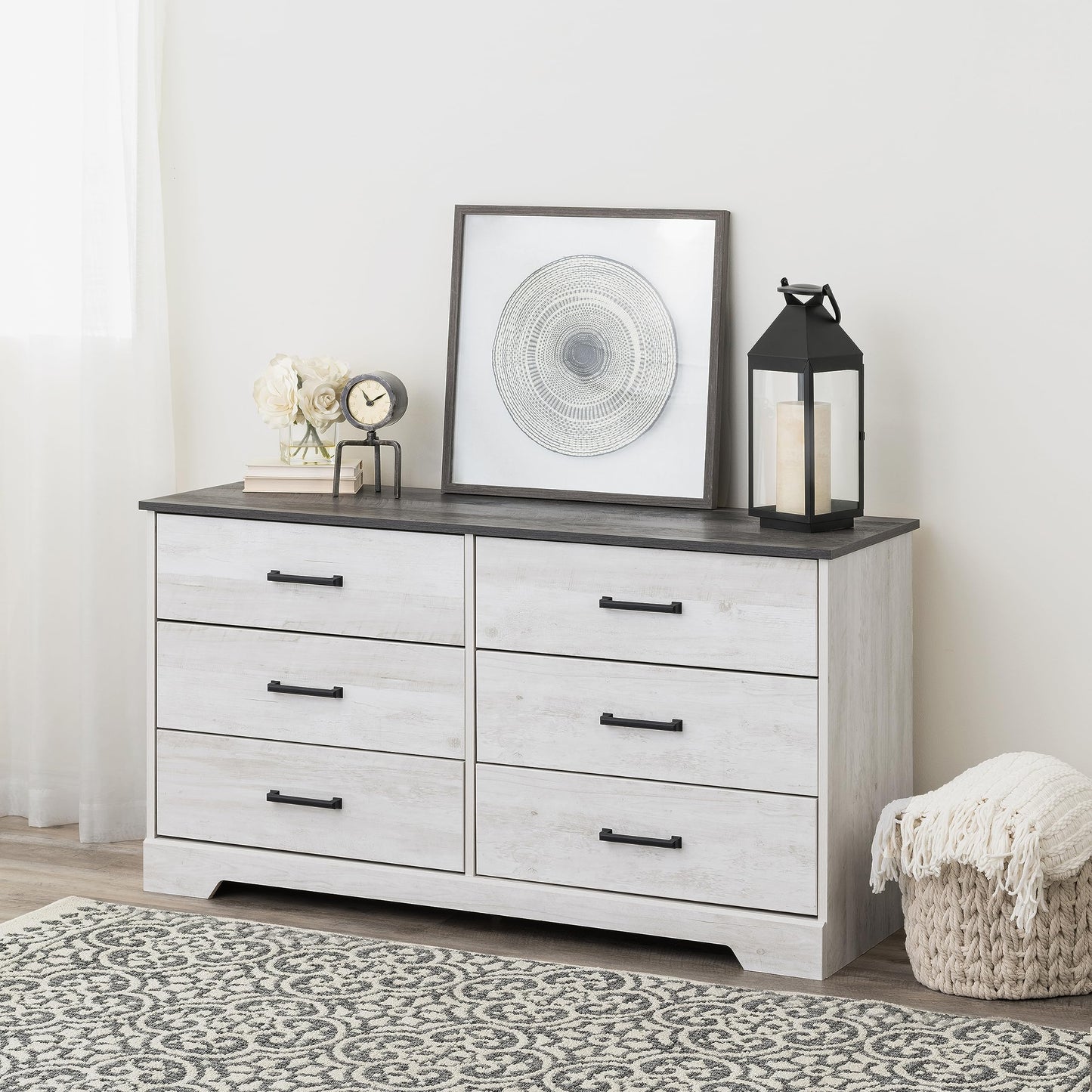 Prepac Rustic Ridge Farmhouse 6-Drawer Double Dresser, Washed White Dresser for Bedroom, Chest of Drawers with 6 Storage Drawers, 53.25” wide x 18.25” deep x 28.5” tall, Washed White