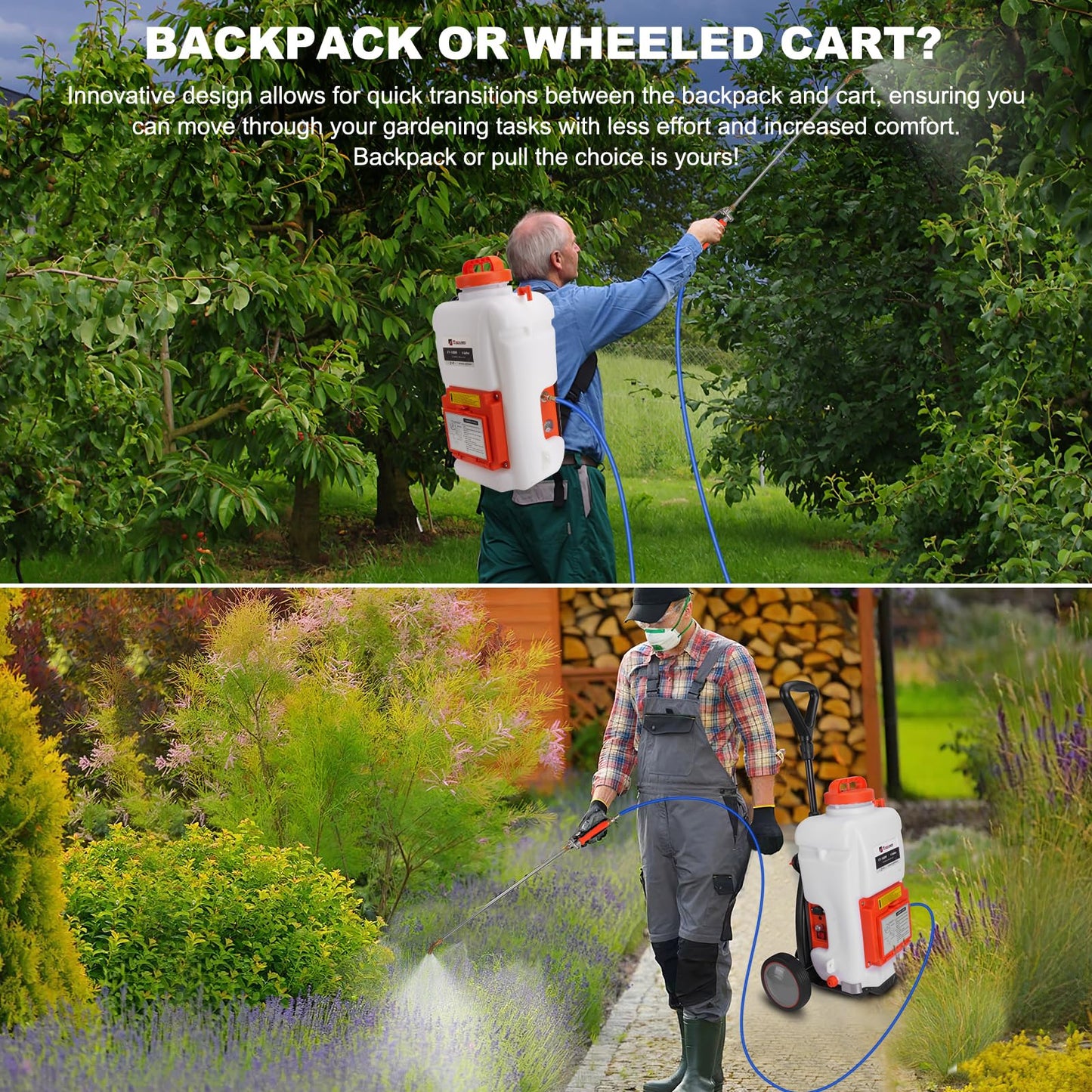 Toovem Battery Powered Backpack Sprayer 4 Gallon, Weed Yard Sprayer with Wand, Electric Backpack Garden Sprayer with Wheeled Cart for Weeding, Adjustable 0-94 PSI, 10FT Hose, 6 Nozzles
