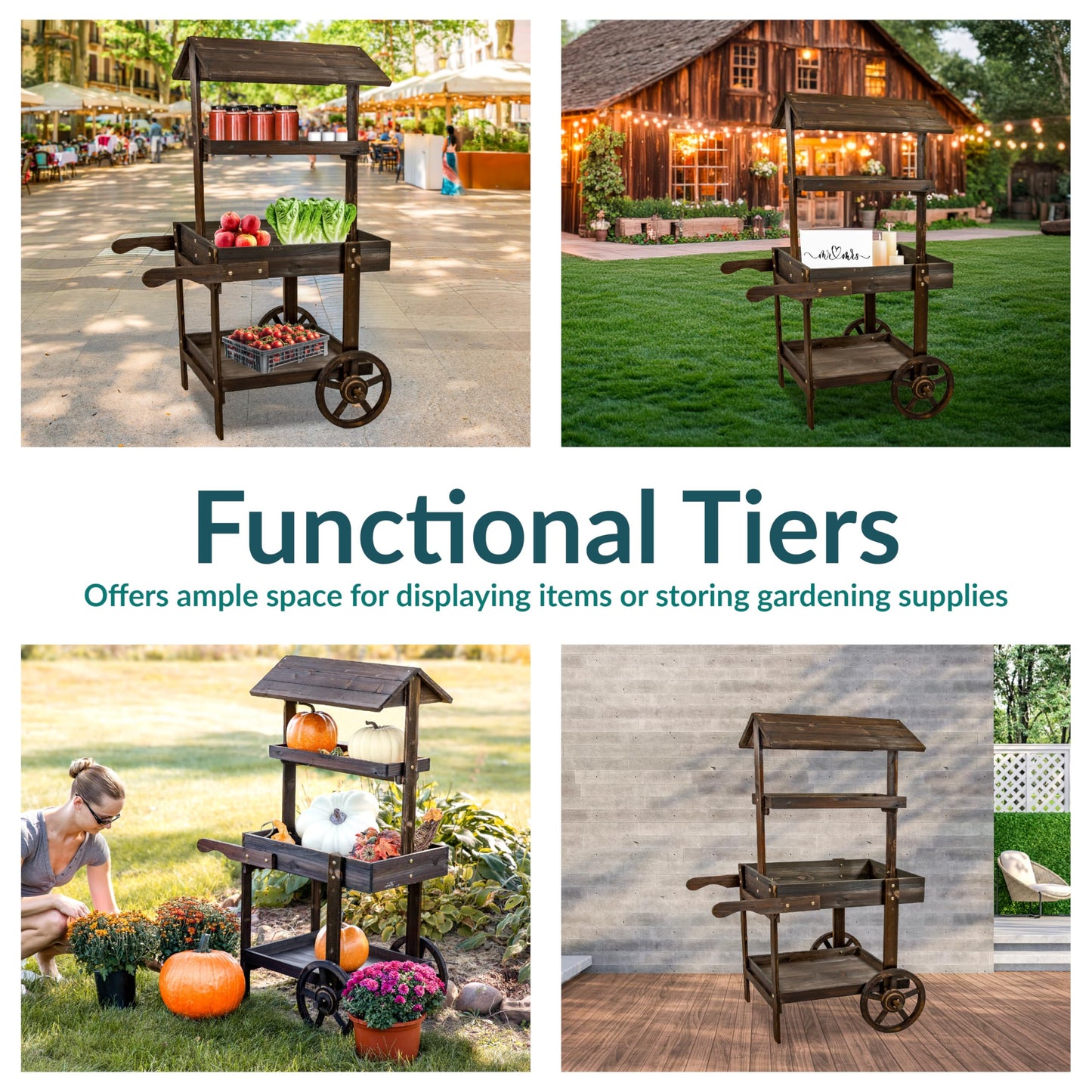 Sunnydaze Country Market Flower Cart Display Stand with Wheels - 2 Shelves - Fir Wood - 30 lb Weight Capacity - Charred Fir
