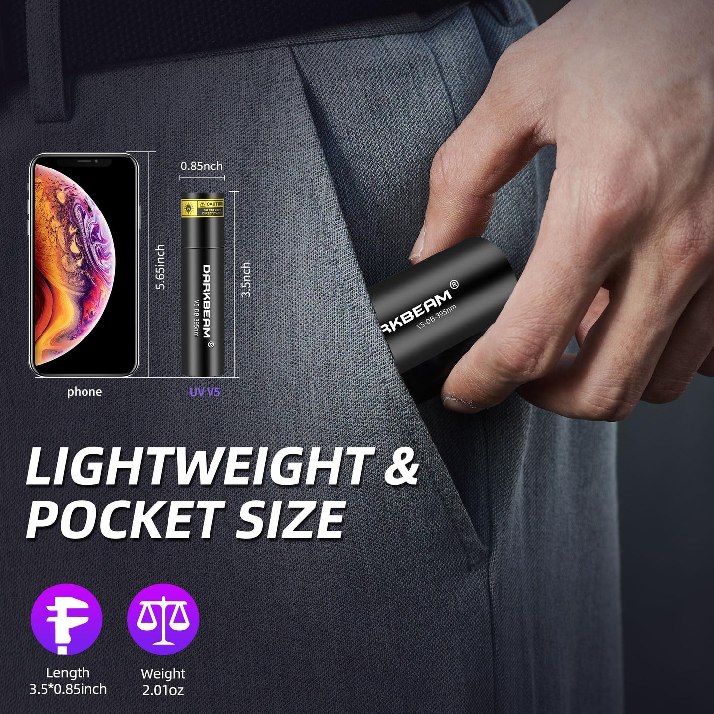 DARKBEAM Flashlight UV Black Light 395 NM, Mini but Powerful USB- C LED Rechargeable Woods Lamp, Ultraviolet Flashlights for Pet Urine, Stains Detection, Resin Curing, Fluorescent Agent, 2 Pack