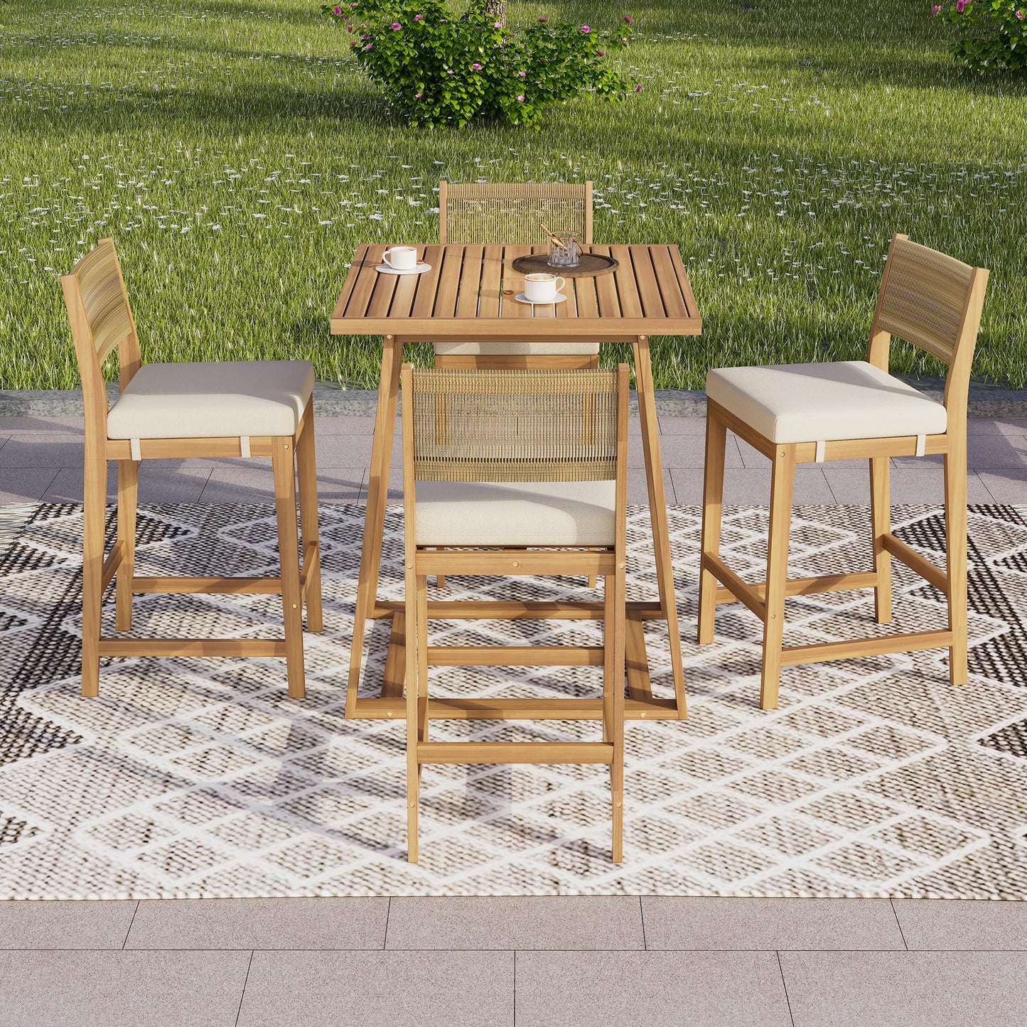 Christopher Knight Home Barron 5-Piece Acacia Wood Patio Bar Set, Patio Bar Table and Stools Set, Soft Seat Cushions, Rattan/Wicker Dining Set for Garden, Backyard, Poolside, Balcony, Teak + Beige