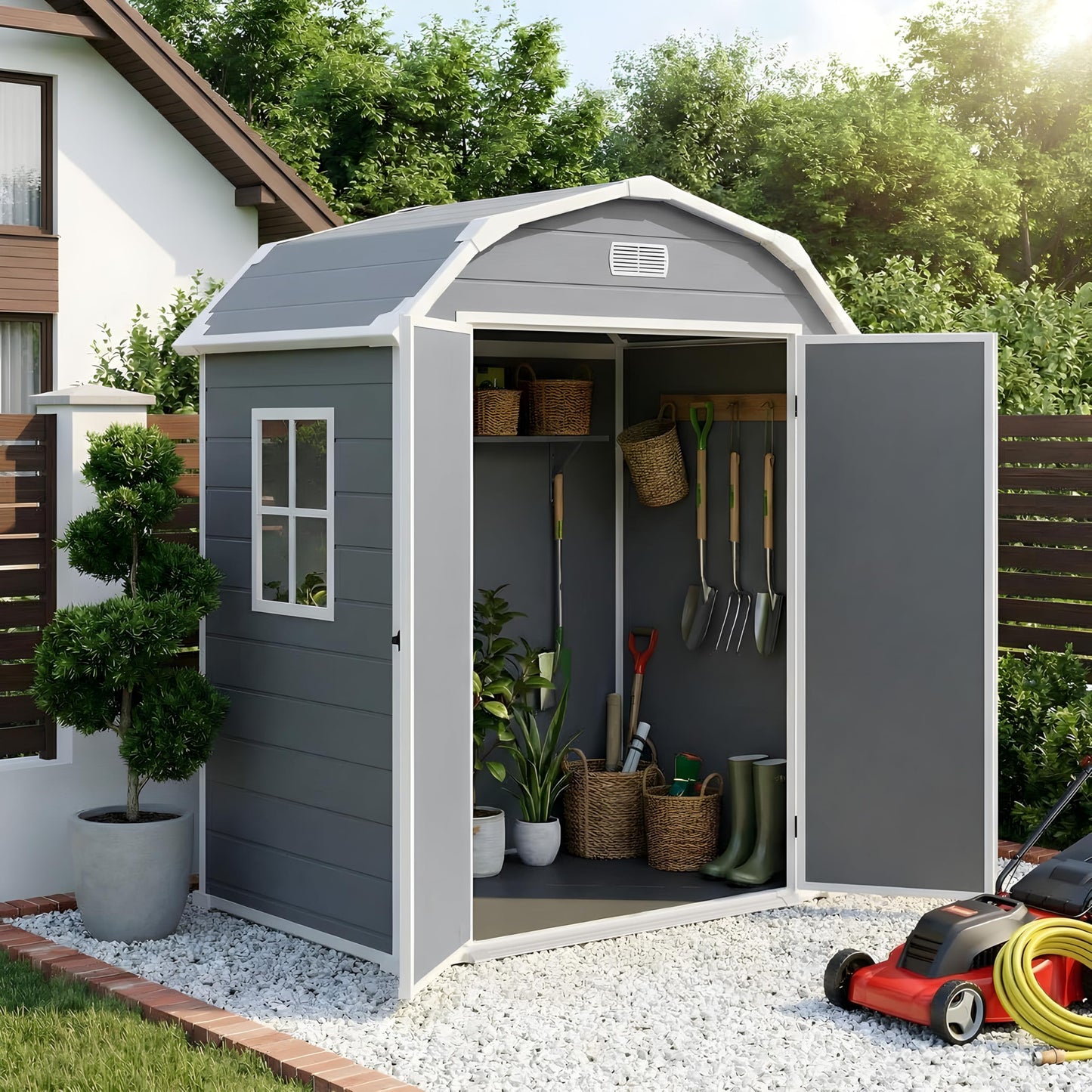 6 x 4.5 ft Outdoor Storage Shed, Garden Shed with Lockable Door & Sloped Roof Sheds Outdoor Storage, Waterproof Storage Shed with Floor Suitable for Patios,Gardens, Backyards and Construction Sites