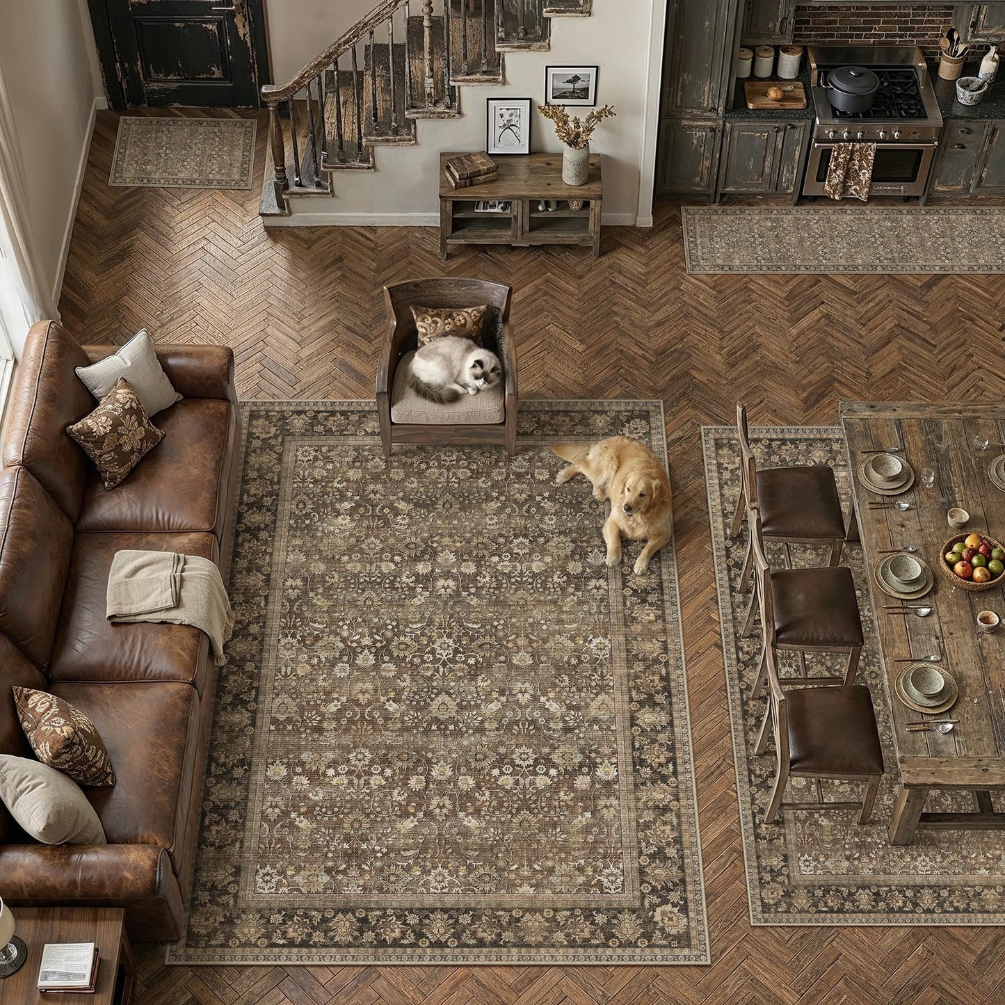 HUGEAR 8x10 Machine Washable Rugs Brown Hallway Large Area Rug Indoor Accent Rug Floral Low Pile Carpet Soft Throw Aesthetic Rug Bedroom Living Room Office Dining Room Kitchen Laundry Room