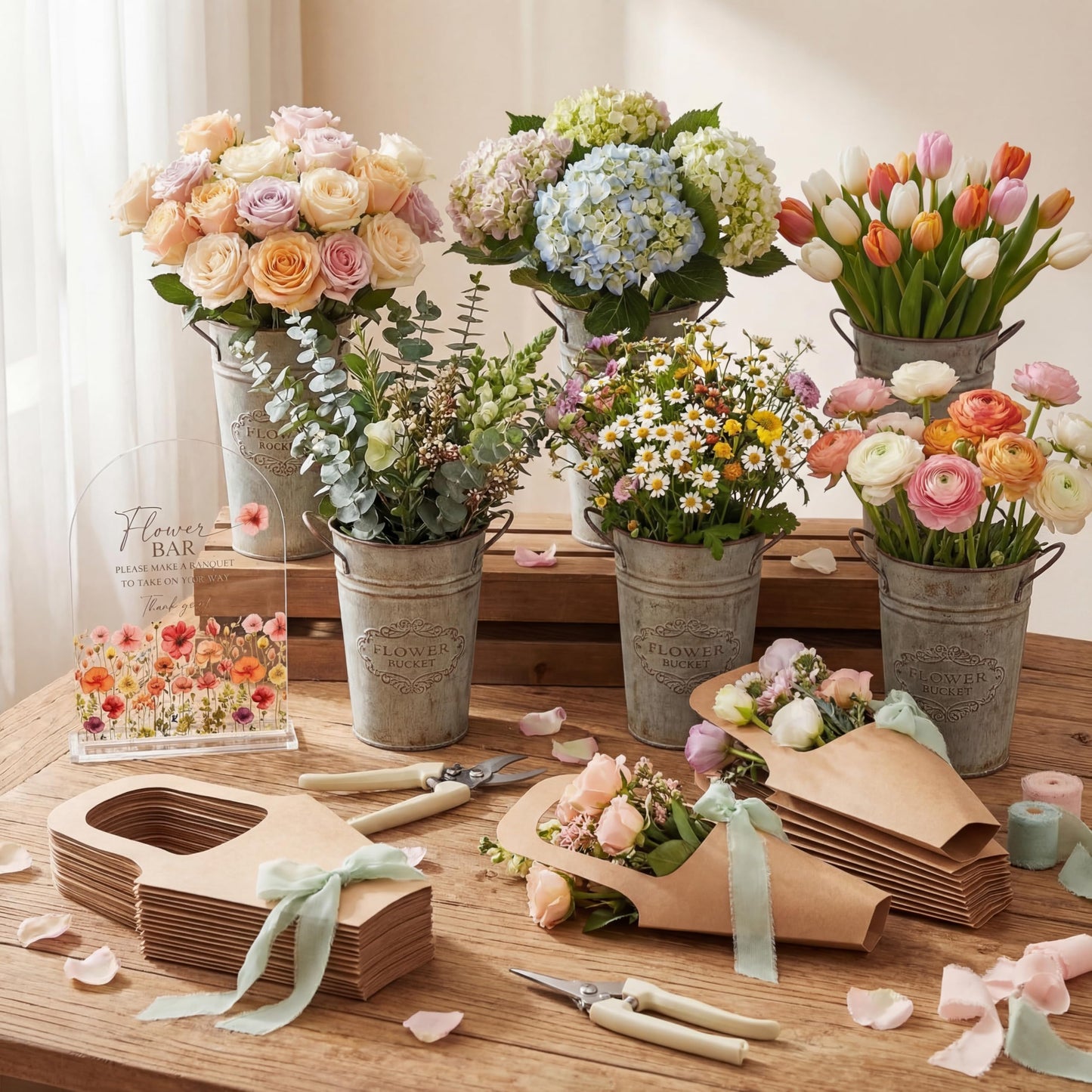 Kolldenn 37 Pcs Flower Bar Supplies Include Acrylic Flower Bar Sign Bouquet Wrapping Gift Bags with Handle Chiffon Ribbon Garden Scissors for Floral Bloom Decor (Arc)